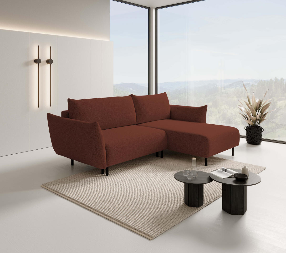 ECKSOFA ADEL mit Schlaffunktion und Bettkasten, L-förm, Metallbeine, verstellbar lose Rückenkissen, freistehend, RECHTS, 257x171x90 cm, Bordeaux - Bordeaux, Holz/Textil (257/171cm) - DomoHome