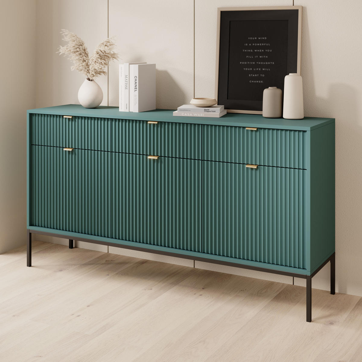 GRÜNE Moderne Geriffelte Kommode KIOTO K3D3SZ (Schwarzes Gestell, Soft-Close Türen) - Goldfarben/Schwarz, Holz/Holzwerkstoff (154/91/39cm) - Ravio