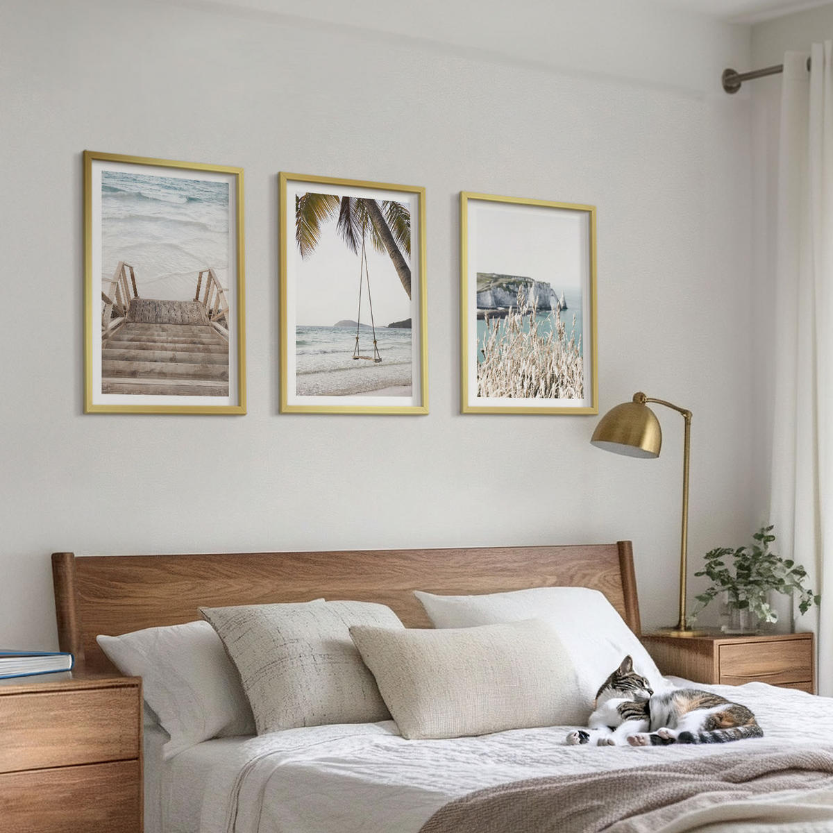 WANDBILDER 3er Set - 40x60 cm Goldrahmen - Strandtreppe aus Holz, Schaukel - Goldfarben, Kunststoff (40/60cm) - ArtPrintCave