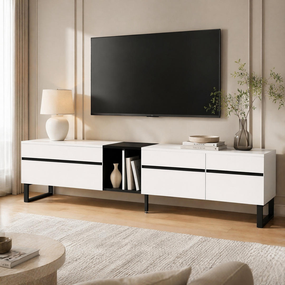 LOWBOARD in Weiß und Schwarz TV-Schrank mit Klappfach und offenen Fächern für Wohnzimmer, B180/T38/H45 cm - Schwarz/Weiß, Holzwerkstoff/Metall (180/45/38cm) - STILVORA