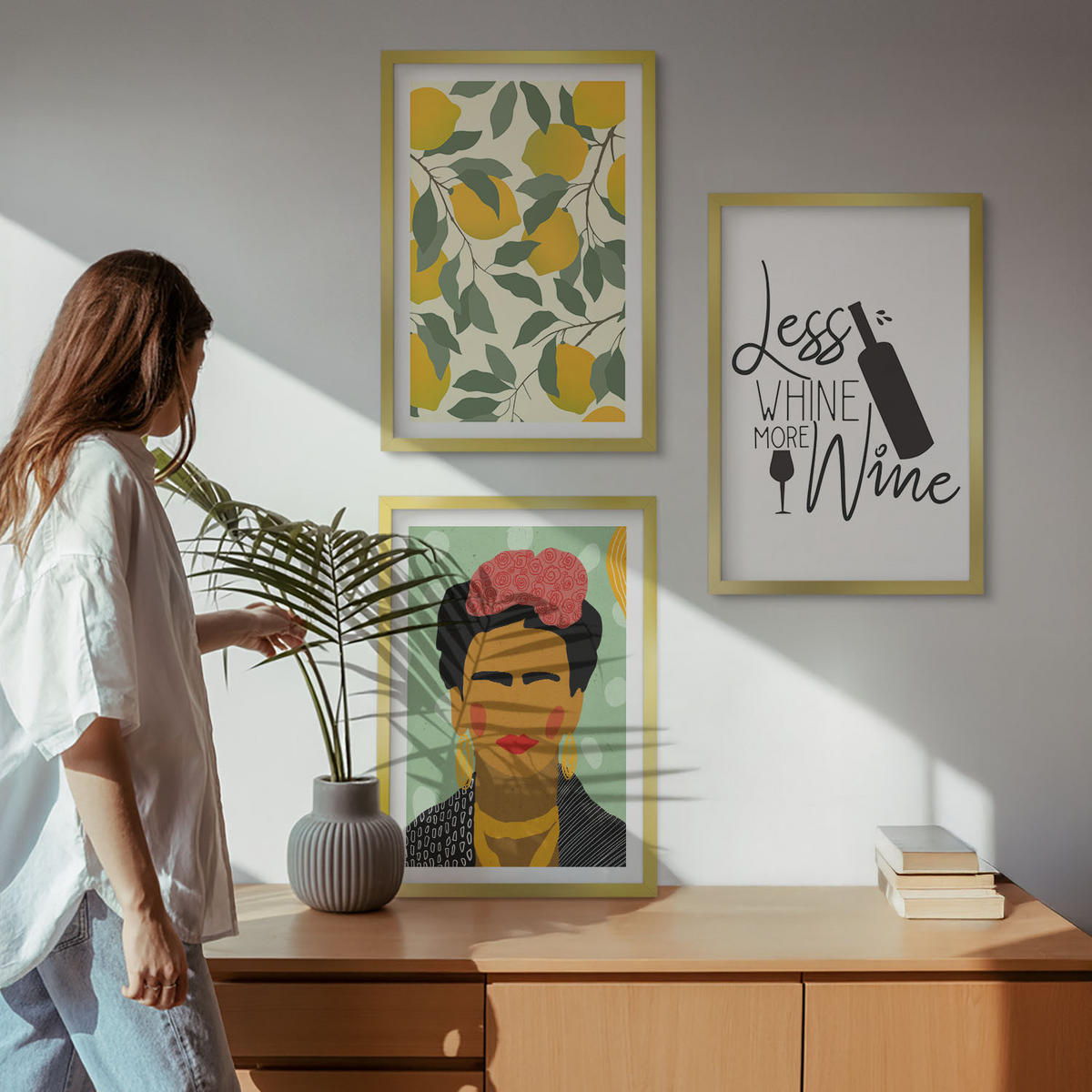 WANDBILDER 3er Set - 40x60 cm Goldrahmen - Zitronenweinporträt von Frida - Goldfarben, Kunststoff (40/60cm) - ArtPrintCave