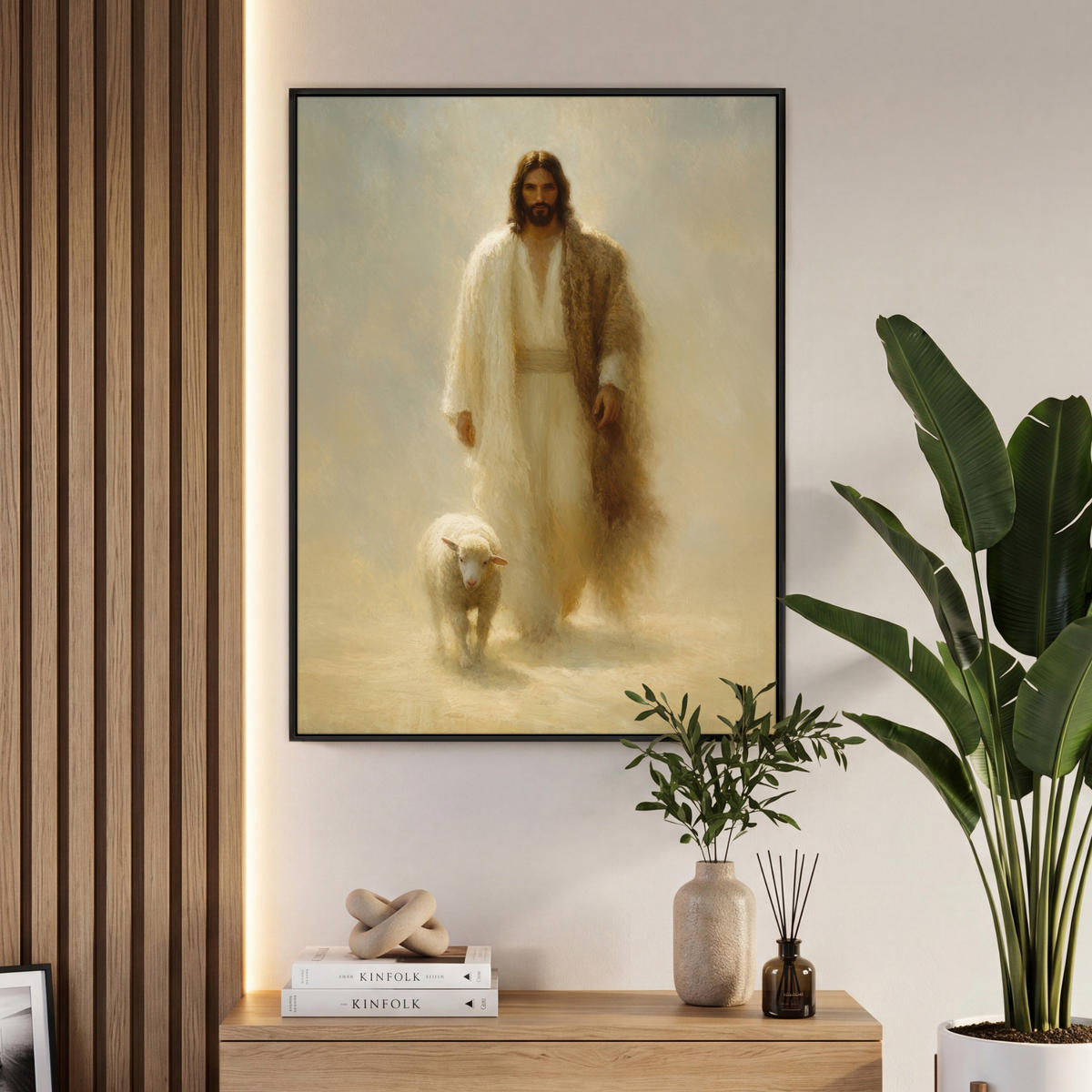 LEINWAND Bilder mit Rahmen - Schaf - Jesus - Pinselstriche - Abstrakt - 70x100 - Beige, Textil (70/100cm) - MuchoWow
