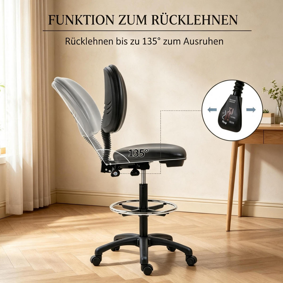 BÜROSTUHL in Schwarz 46x49,5x137 cm, höhenverstellbar, mit Fußstütze und Rollen - Schwarz, Kunststoff (49.5/137/46cm) - IVMEU