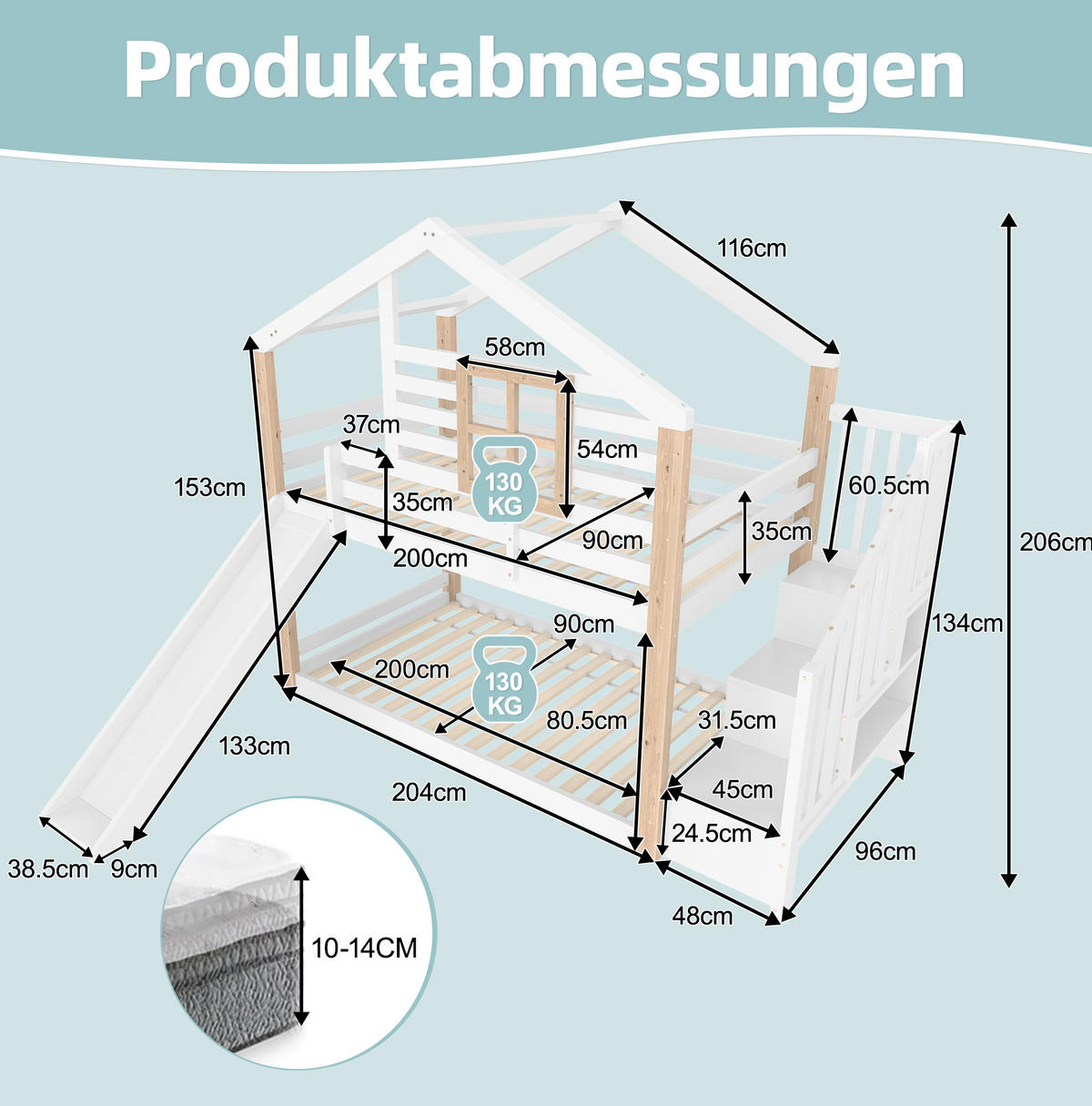 HAUSBETT 90/200 cm Weiß aus Holz mit Rutsche und Treppe mit Stauraum - Weiß, Holz (90/200cm) - Flora Grace
