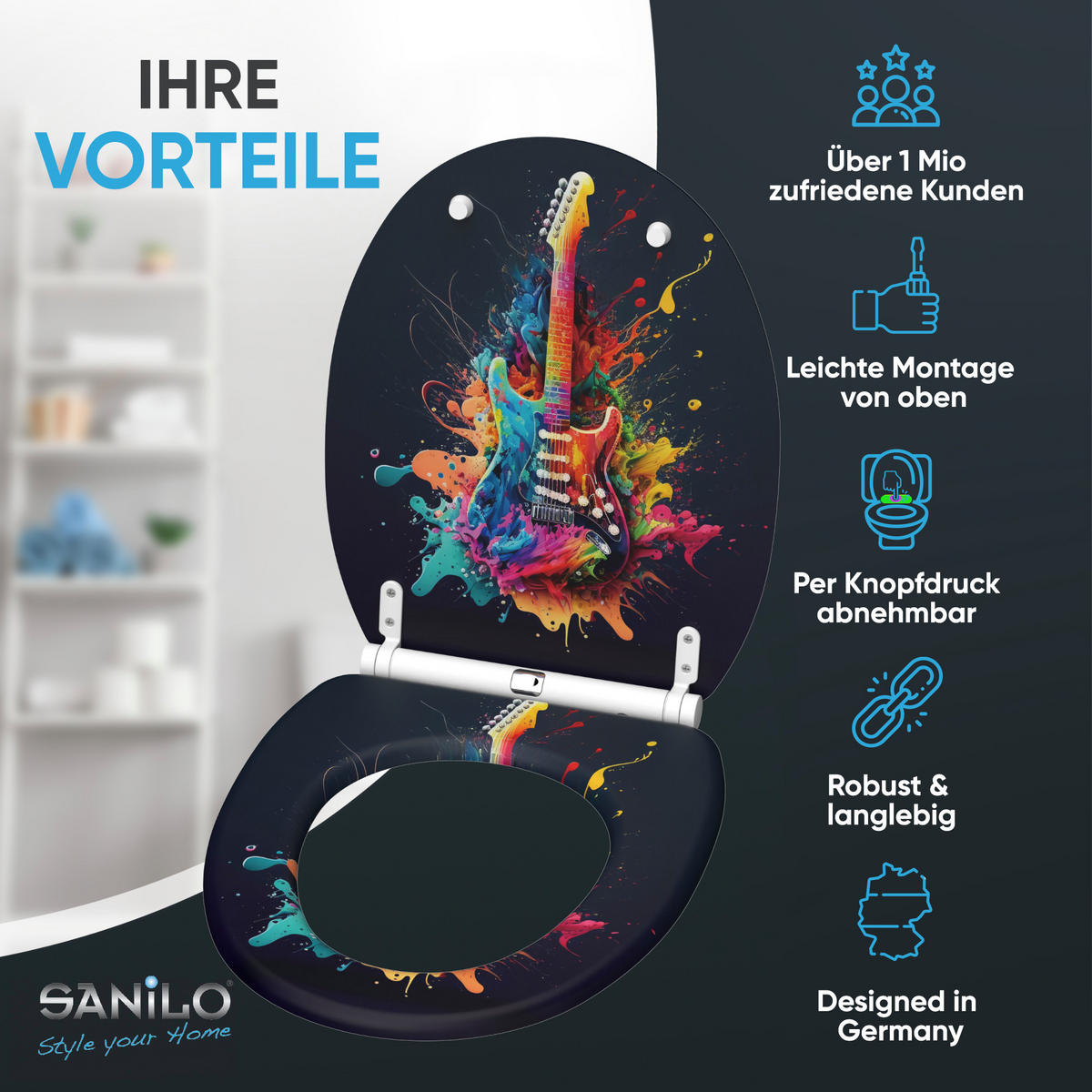 WC-SITZ mit Absenkautomatik & Top Fix Guitar - Schwarz, Holzwerkstoff (37.7/5.5/48cm) - Sanilo