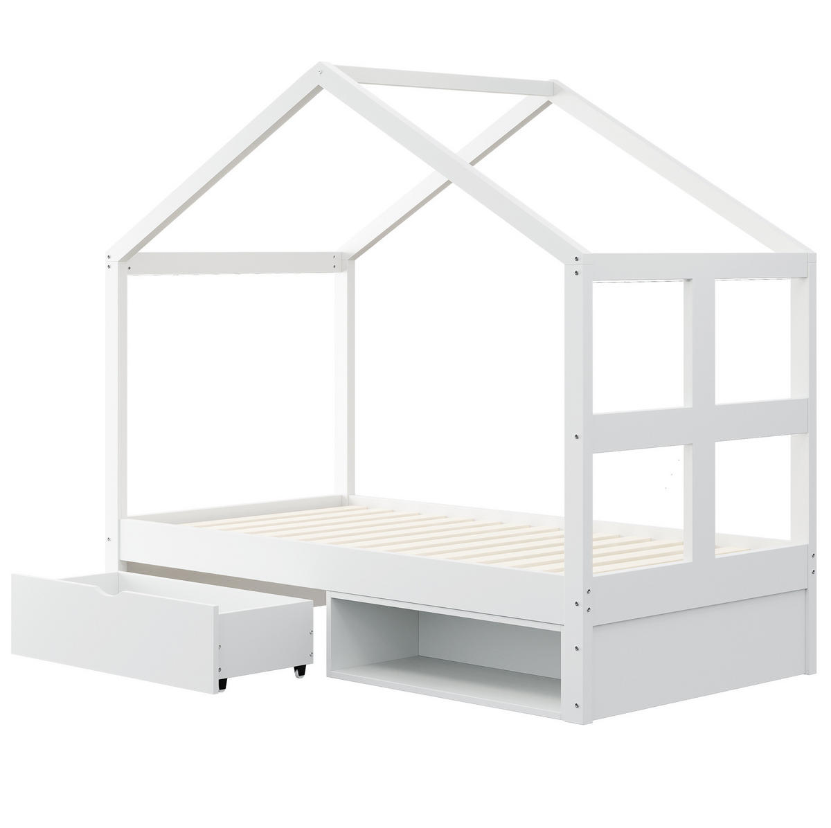 JUGENDBETT 90/180 cm weiß aus Holz mit LED, Schublade und Schuhschrank - Weiß, Holzwerkstoff (90/190cm) - OKWISH