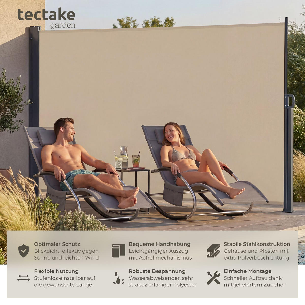 SEITENMARKISE , ausziehbar, mit Aufrollmechanismus, beige - Beige, Kunststoff (300/200/9cm) - tectake