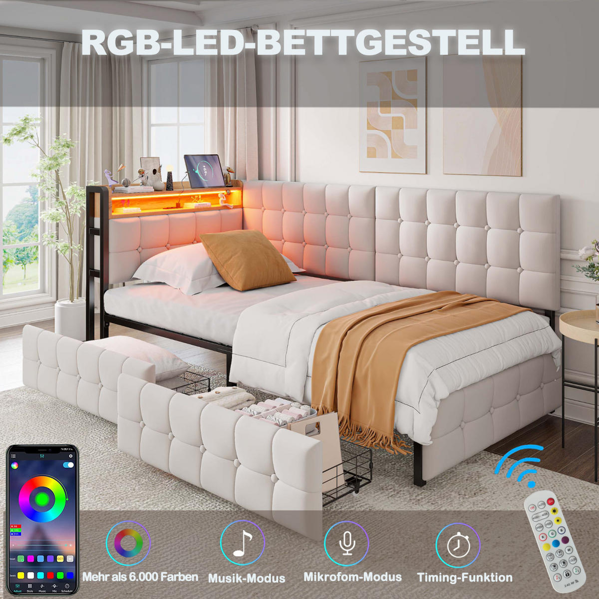 POLSTERBETT 90x200 cm mit LED, USB-C, Schubladen, Beige - Beige, Holz (90/200cm)