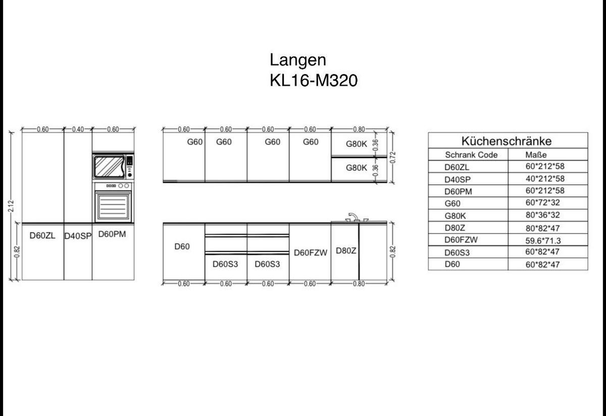KÜCHENZEILE 320 cm - Langen KL16-M320 - in Grau / Matt - Grau, Holz (480/212/58cm)
