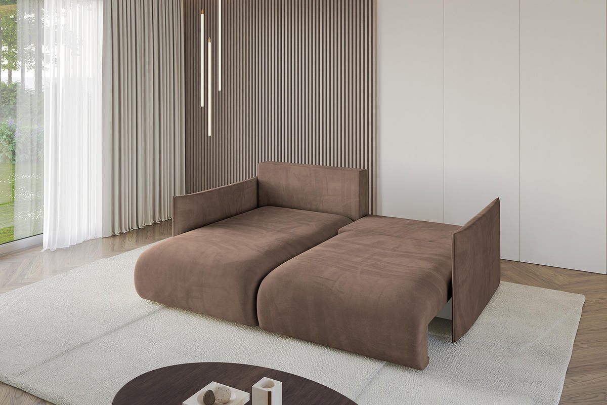 ECKSOFA mit Schlaffunktion und Bettkasten ONESK-L 208x165x40 Braun Velours - Braun, Holzwerkstoff/Kunststoff (208/165cm) - ALTDECOR
