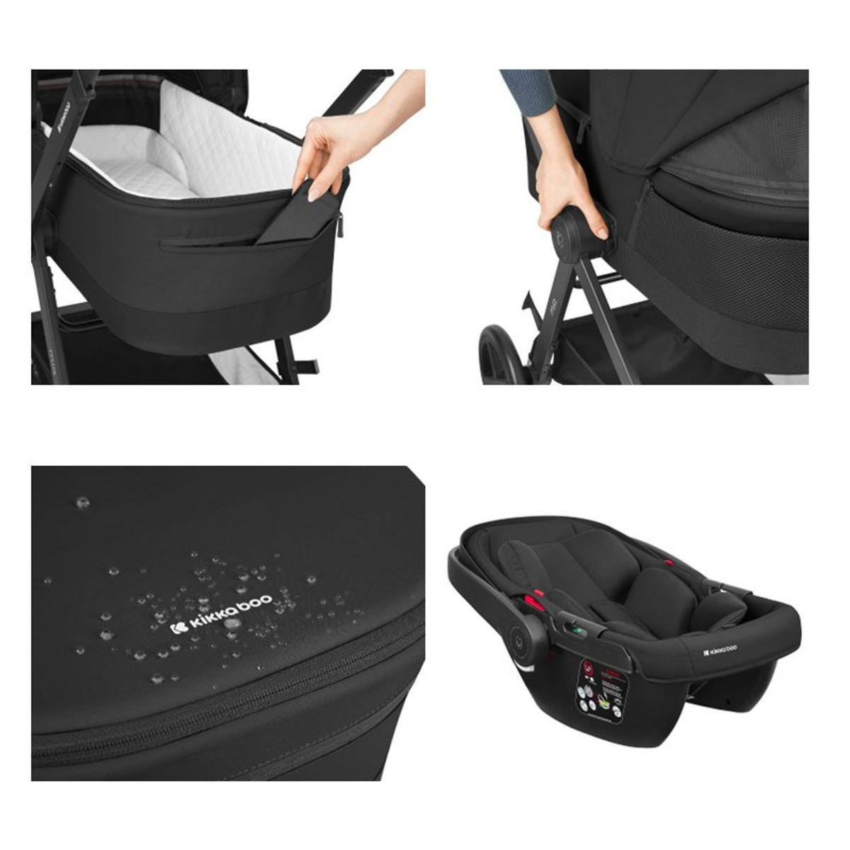 KOMBIKINDERWAGEN Mia 3 in 1 schwarz Babywanne Babyschale Wickeltasche Matratze - Schwarz, Metall (72/53/99cm) - Kikka boo