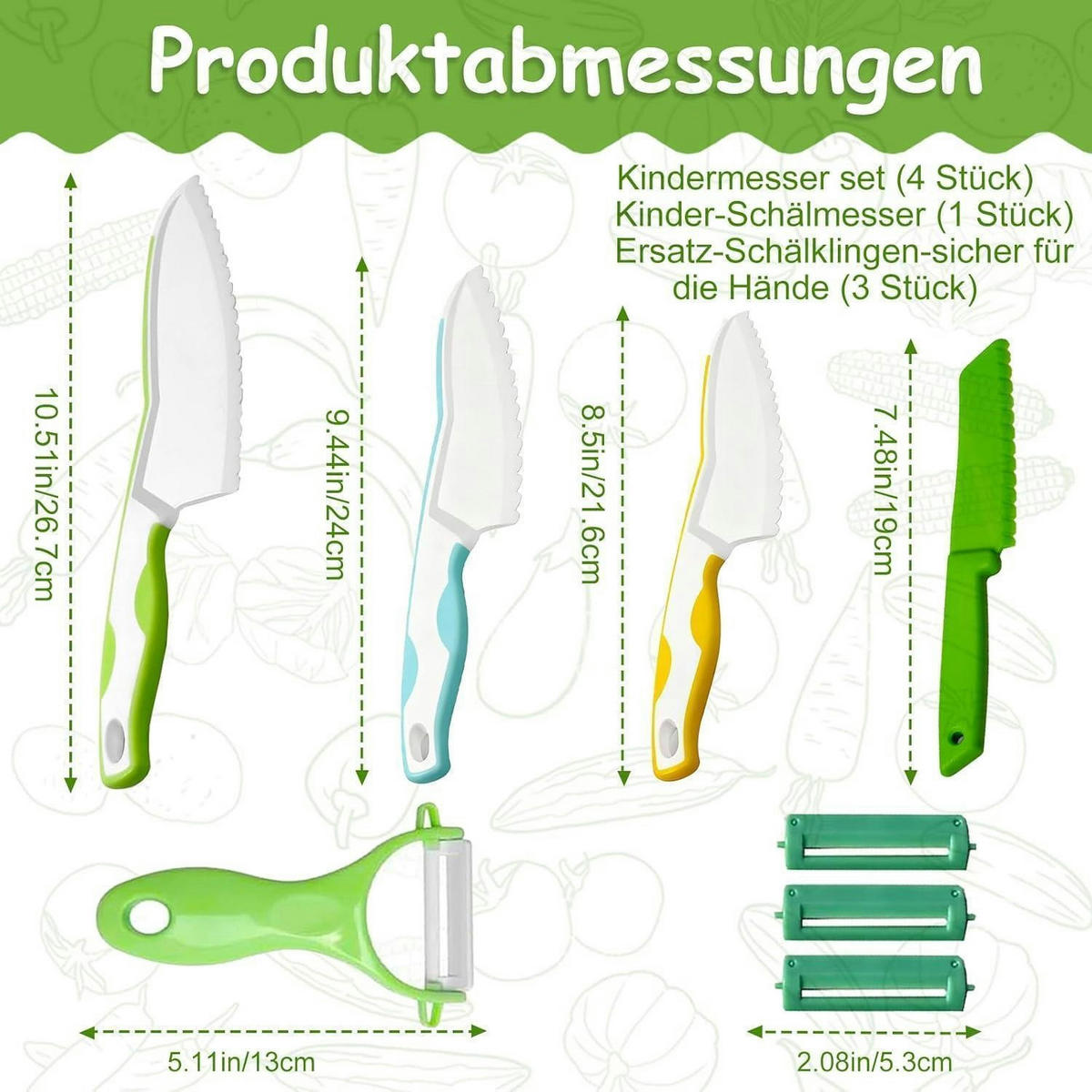KINDERMESSER-SET 8-teilig Montessori Lernmesser mit Kinderschäler - Multicolor, Kunststoff