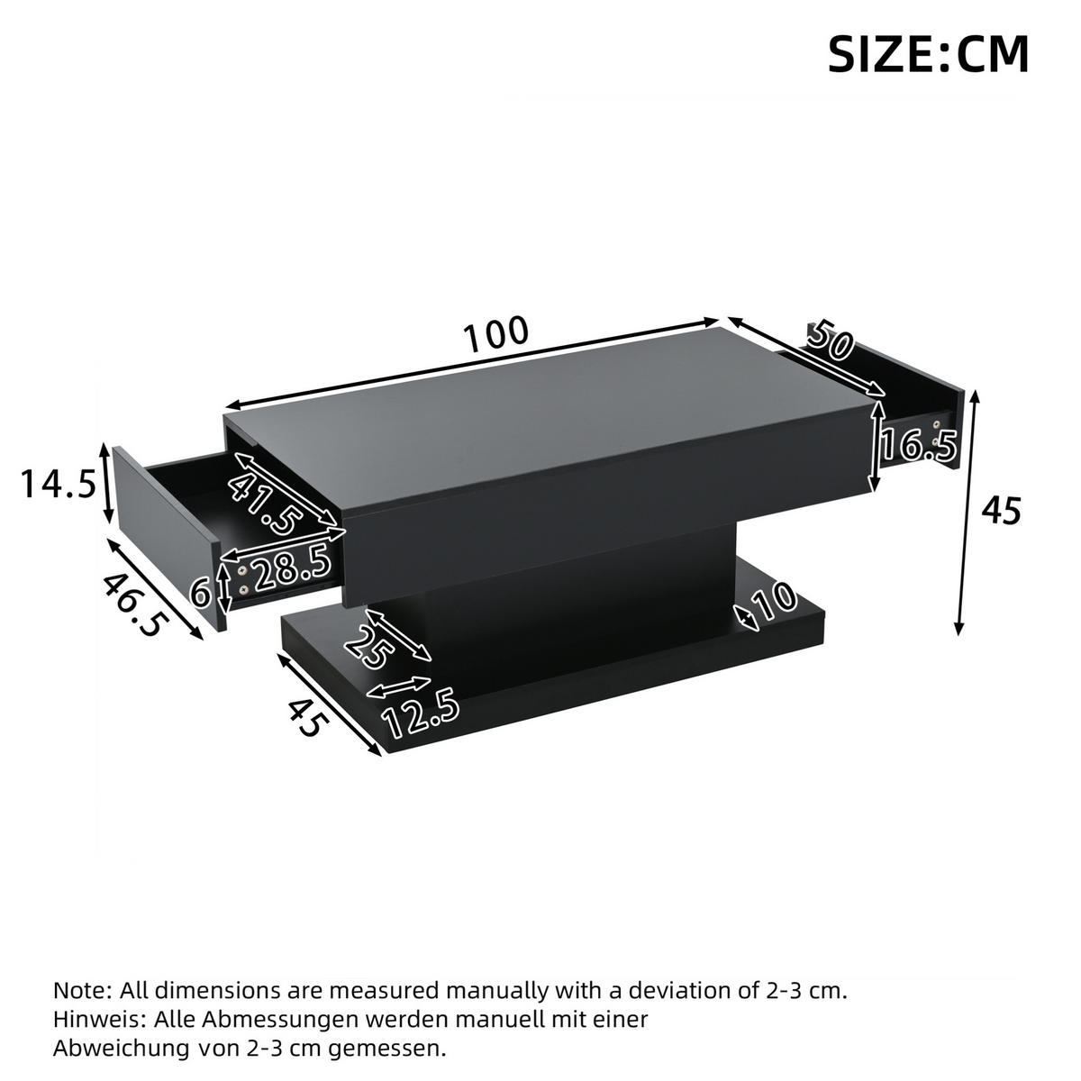 COUCHTISCH 100/50/45 cm Schwarz aus Spanplatte mit 2 Schubladen und LED-Lichtstreifen - Schwarz, Holzwerkstoff (100/50/45cm) - OKMYHOME