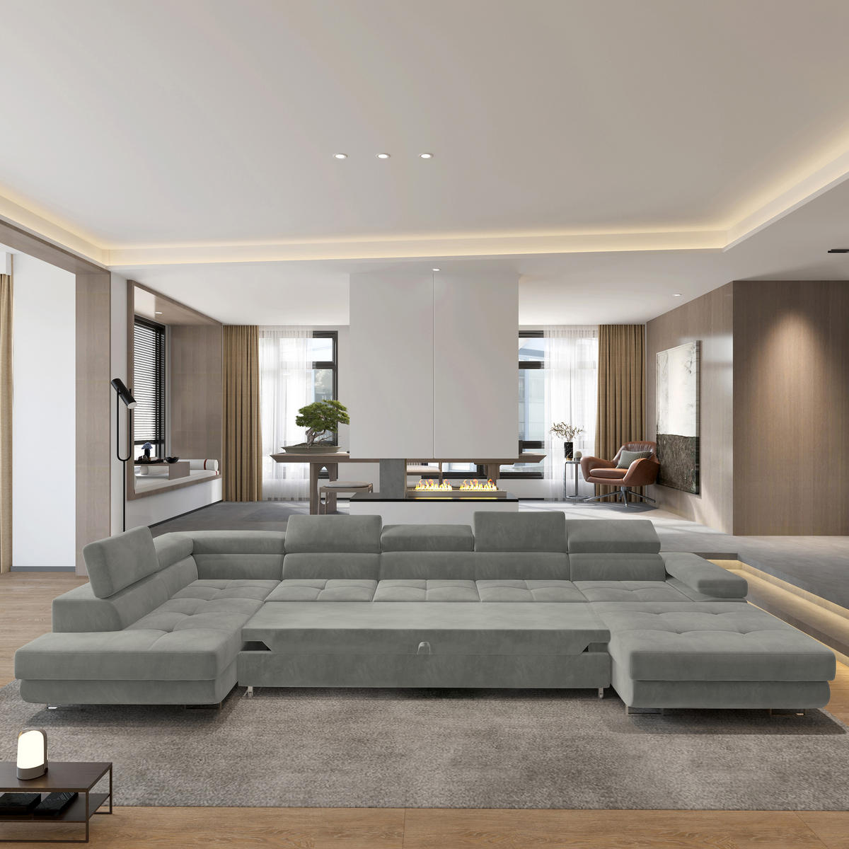 WOHNLANDSCHAFT TORIVA L-S Hellgrau Velours-Stoff mit Schlaffunktion - Hellgrau, Holz (418/90/202cm) - MASSENO