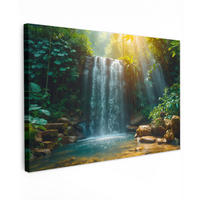 LEINWANDBILD Wasserfall - Dschungel - Sonne - Grün - Natur Wanddeko 90x60 cm - Grün, Textil (90/60cm) - MuchoWow