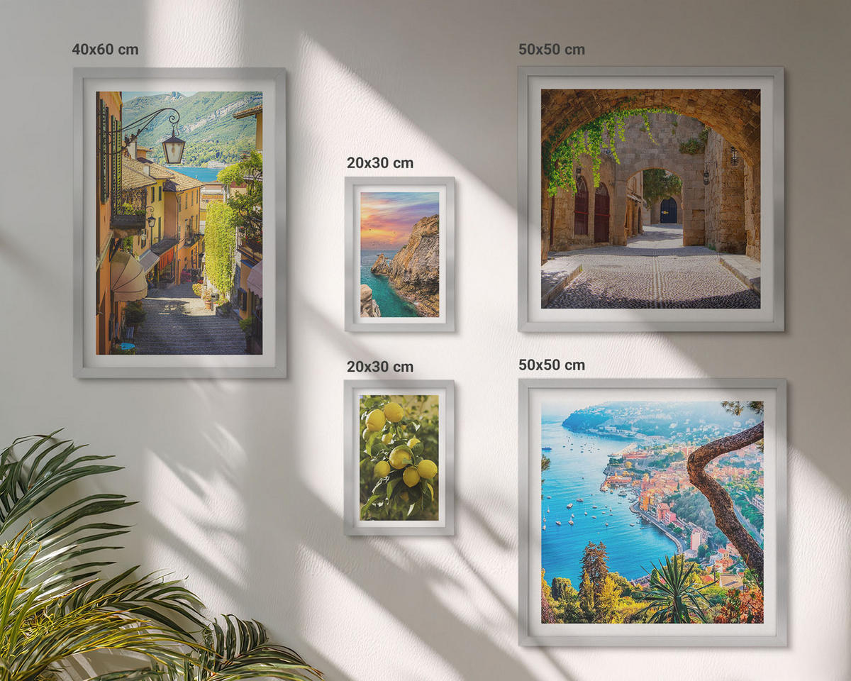 BILDER SET 5er Set - 50x50 cm & 20x30 cm & 40x60 cm Silberner Rahmen - Bezaubernde Straßen voller Zitronenblüten - Silberfarben, Kunststoff (40/60cm) - TULUP