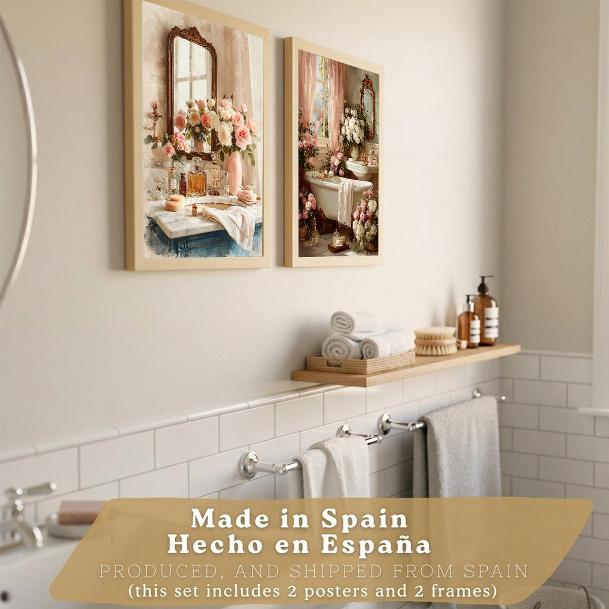 PLAKÁT Sada 2 Baño revista Světlý dřevěný rám A3 - béžová, papír (42/29.7/3cm) - Nacnic