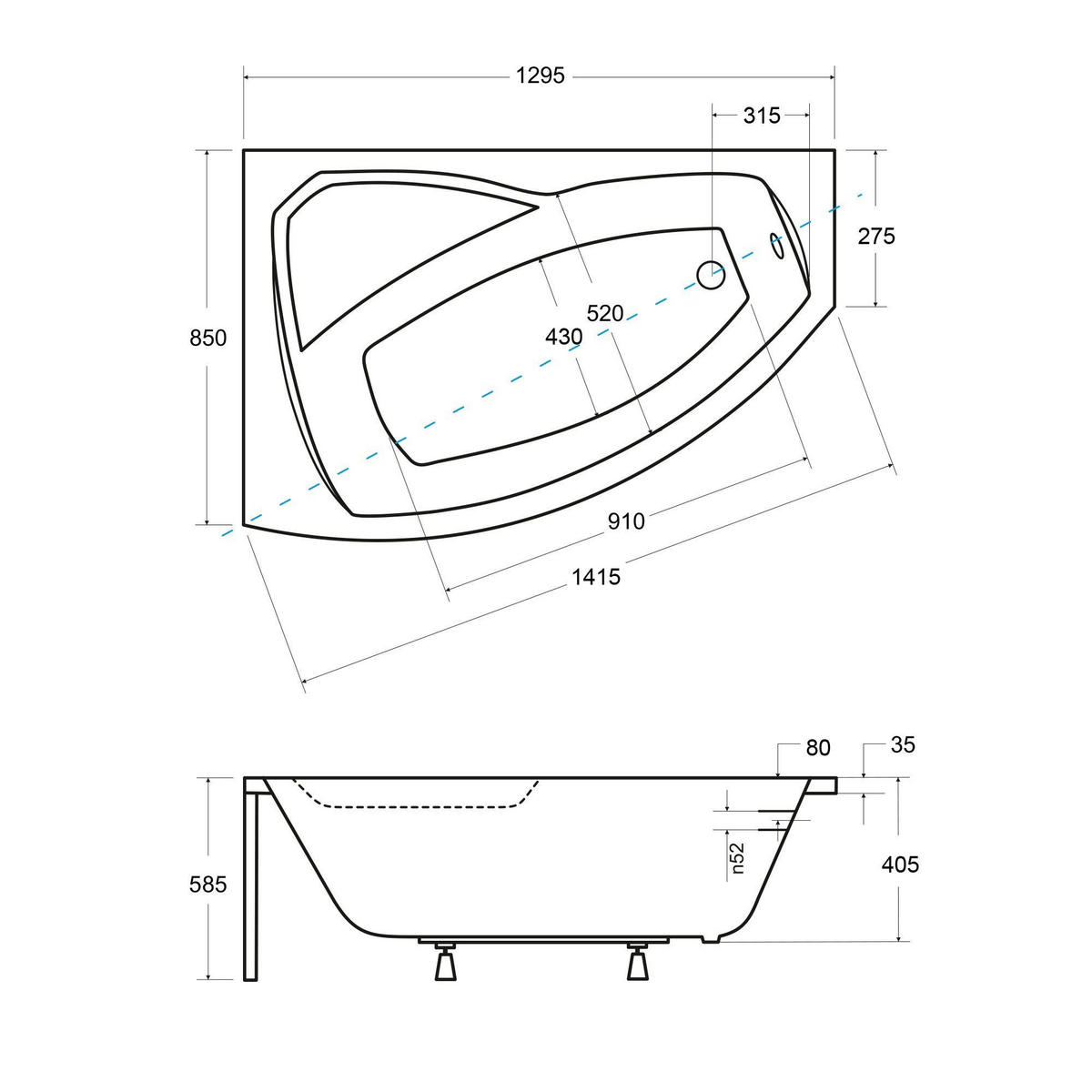 BADEWANNE Eckwanne RIMA 130/85 Links mit weißer Kopfstützen Ablauf Füße - Weiß, Kunststoff (85/58.5/130cm) - bad land