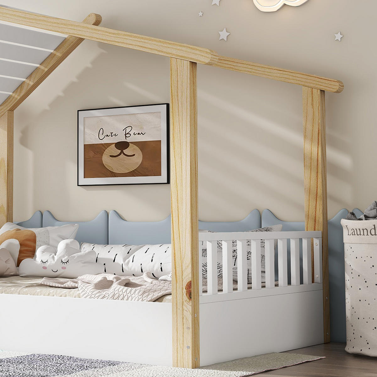 HAUSBETT 90/200 cm Weiß/Natur aus Kiefer, Spanplatte und MDF mit Holzhausdesign - Weiß, Holz (90/200cm) - OKMYHOME