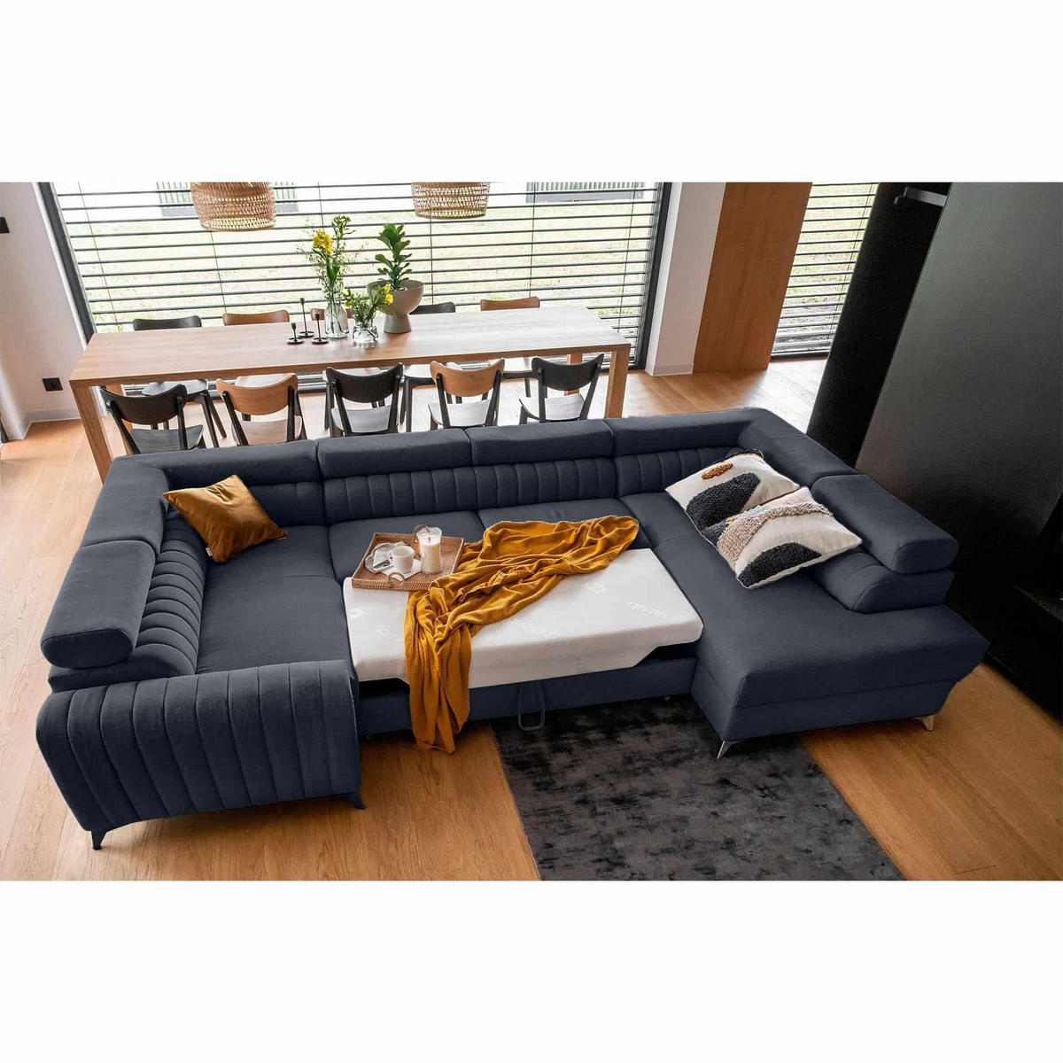 WOHNLANDSCHAFT mit Schlaffunktion und Bettkasten - Silberfarben/Dunkelblau, Textil/Metall (347/92/202cm) - Eltap