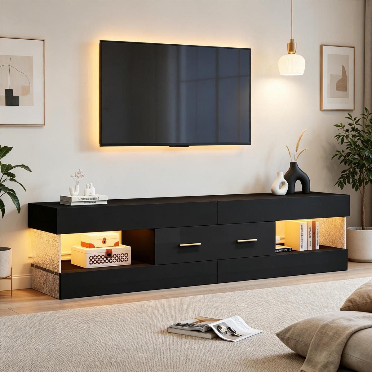 LOWBOARD in Schwarz, TV Schrank mit LED, Offenen Stauraum und Schubladen, 152/35/40cm, für Wohnzimmer - Schwarz, Holzwerkstoff (152/40/35cm) - STILVORA