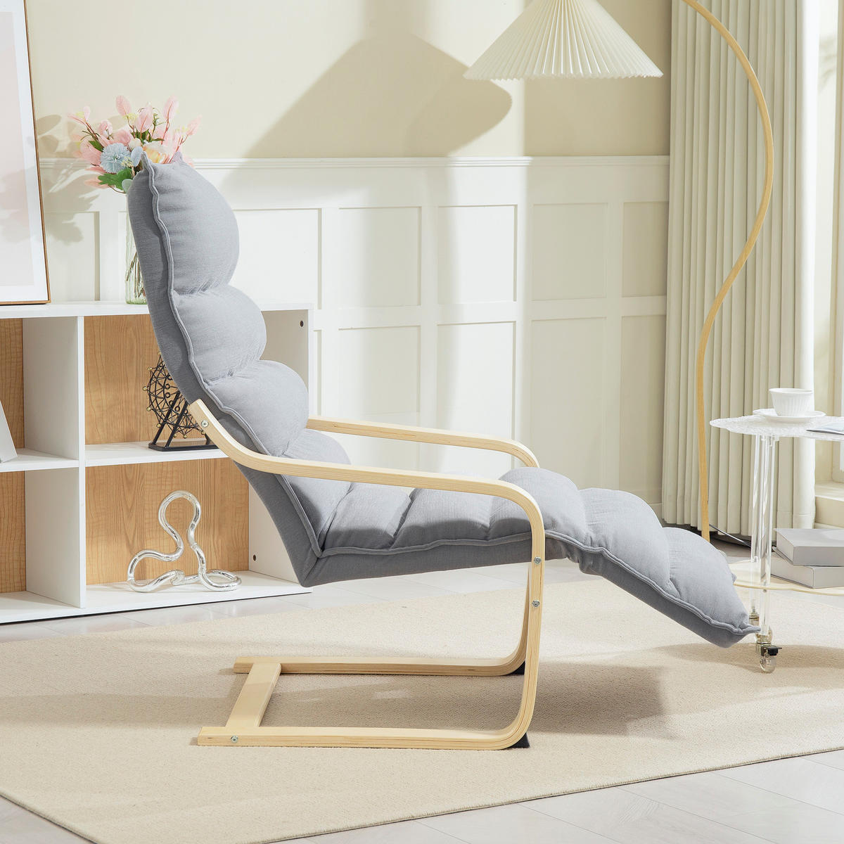 LOUNGE-SESSEL DE-06889 mit Birkenholz und verstellbarer Fußstütze Hellgrau - Hellgrau, Holz/Textil (67/105/114cm) - ComfortXL