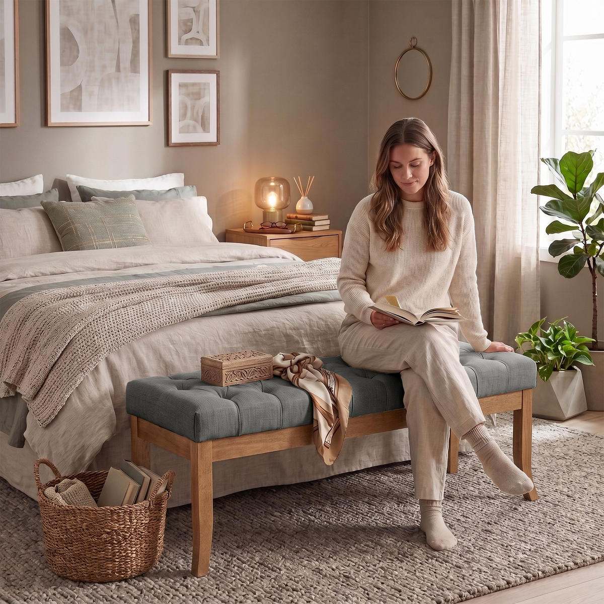 SITZBANK 120/38 cm Stoff grau - Naturfarben/Grau, Holz/Textil (120/46/38cm) - CLP