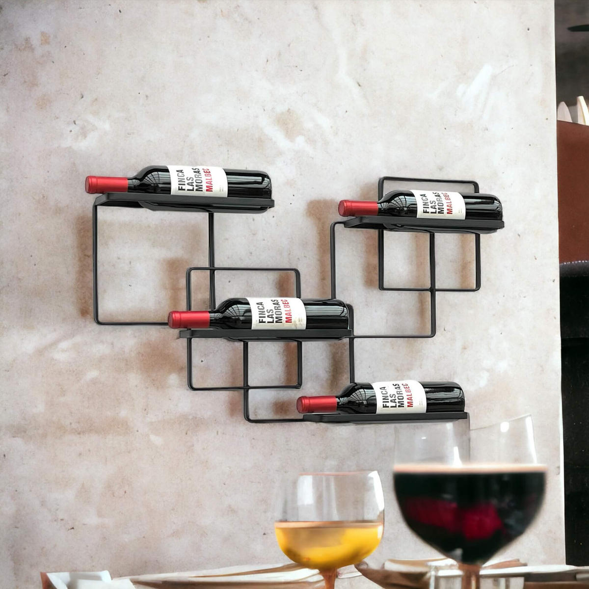 WEINREGAL für 4 Flaschen Wand Metall Schwarz Wine Line - Schwarz, Metall (72/44/9cm) - DanDiBo