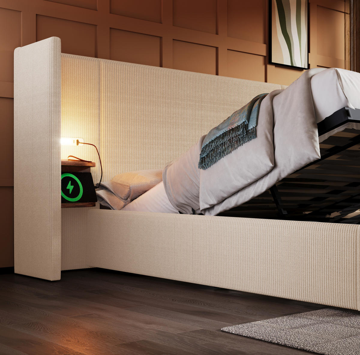 ČALOUNĚNÁ postel 160/200 cm s čtecí lampou, USB a Type-C nabíjením, hydraulickým úložným prostorem, Béžová a bílá - béžová, textil (160/200cm) - Redom