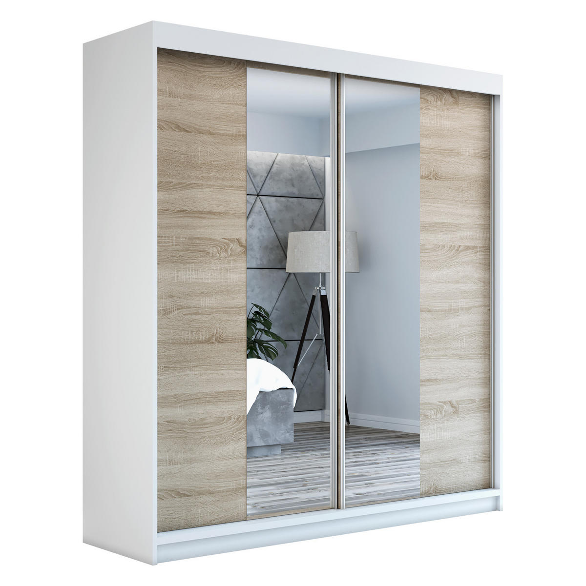 SCHWEBETÜRENSCHRANK 180 CM NEO Farbe: Weiß / sonoma / sonoma - Weiß/Braun, Holzwerkstoff (180/215/59.5cm) - A&J MöbelLand