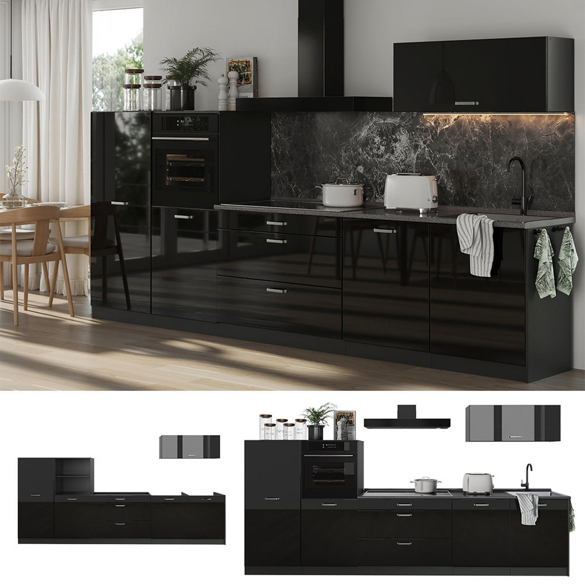 KUCHYŇSKÝ KOUT R-Line, Černý vysoký lesk/Antracit, 340 cm pracovná doska Dub Goldkraft - antracitová/vysoce lesklá černá, kompozitní dřevo (340/143/60cm) - Vicco