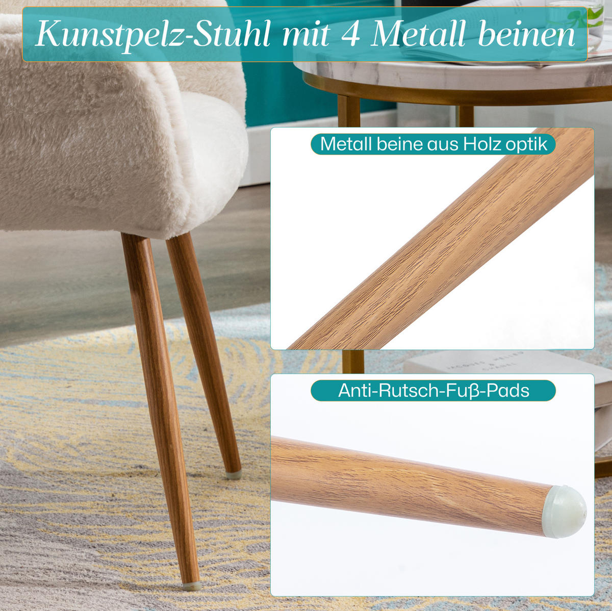 ESSZIMMERSTUHL Weiß mit Armlehnen und Metallbeinen in Holzoptik - Weiß, Textil (46/79/59cm) - MIVRAY