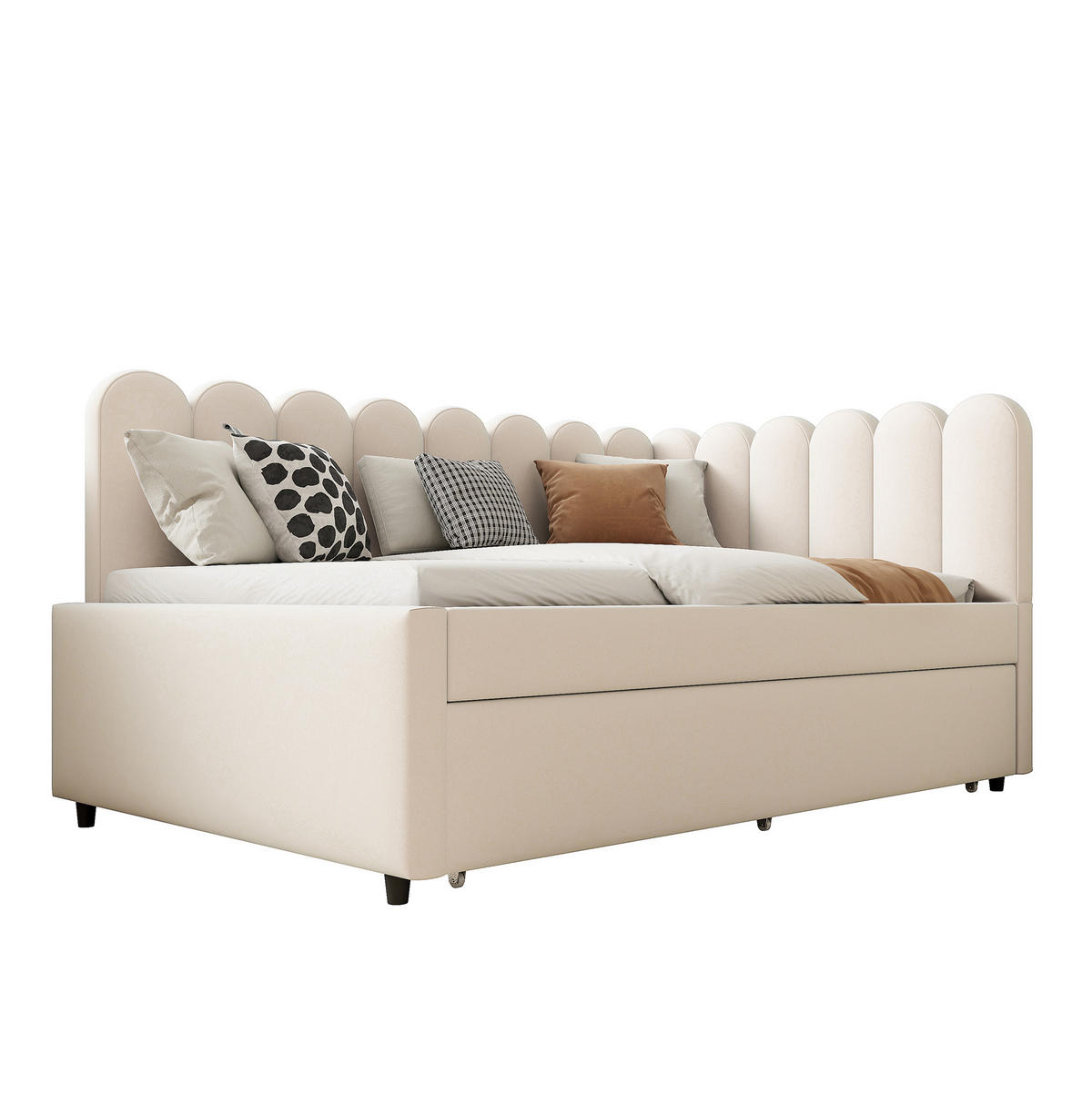 POLSTERBETT 140/200 cm aus Samt mit Ausziehbett in L-Form Beige - Beige, Textil (140/200cm) - Modenvie