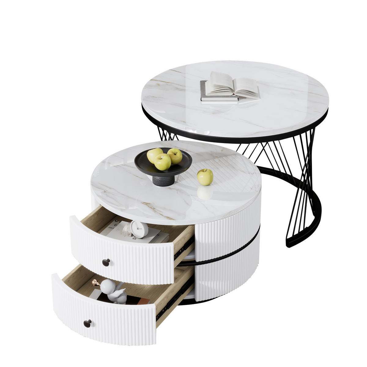 COUCHTISCH Set 60/60/46 cm und 50/50/31 cm Weiß mit hochglänzender Marmoroptik - Schwarz/Weiß, Holzwerkstoff (60/60/46cm) - OKWISH