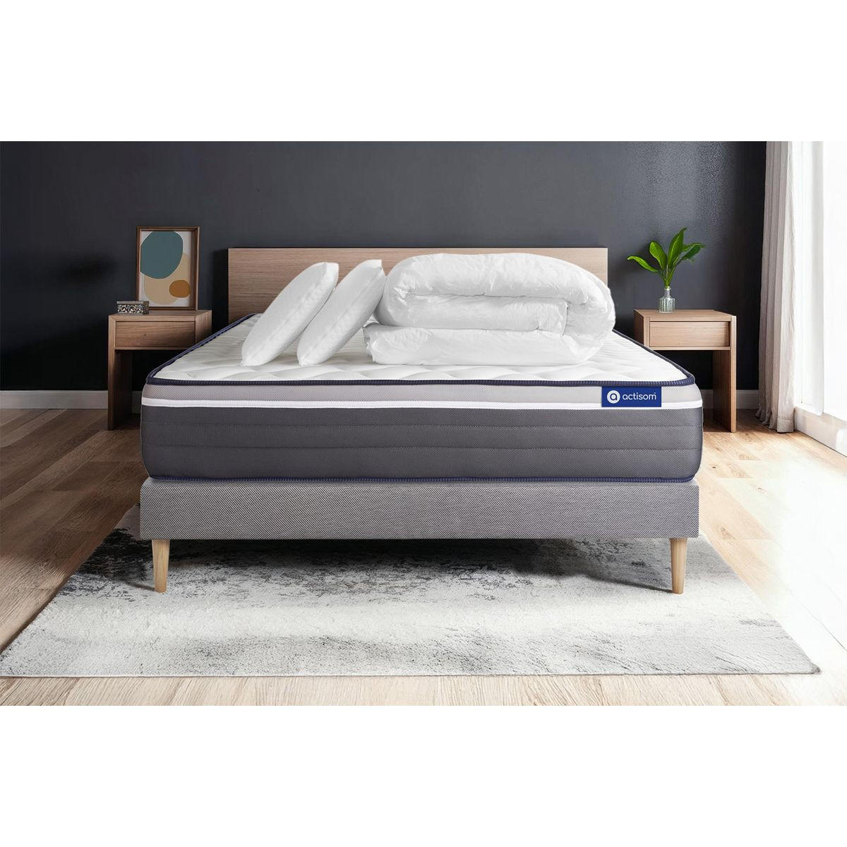 BETT Actimemo plus Memory-Schaum 140 x 200 cm h4 - Kit Bettgestell Grau - Mit Kissen und Bettdecke - Beige/Grau, Karton/Holz (140/200cm) - ACTISOM