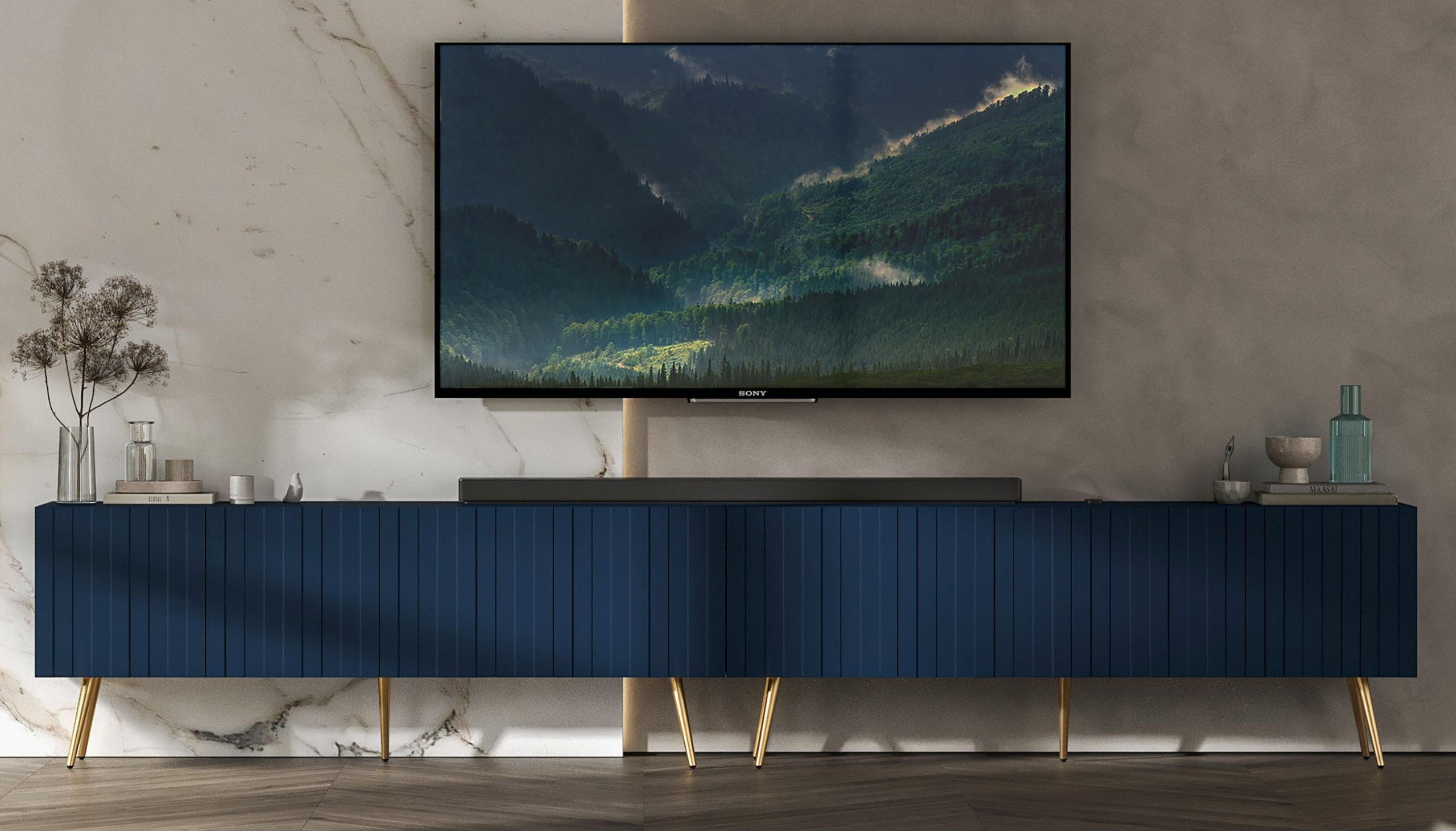 TV-LOWBOARD 2-er Set Elpis Marineblau mit goldenen Metallbeinen 150 cm - Blau/Goldfarben, Holzwerkstoff (300/60.5/36.5cm) - Meble Lindner