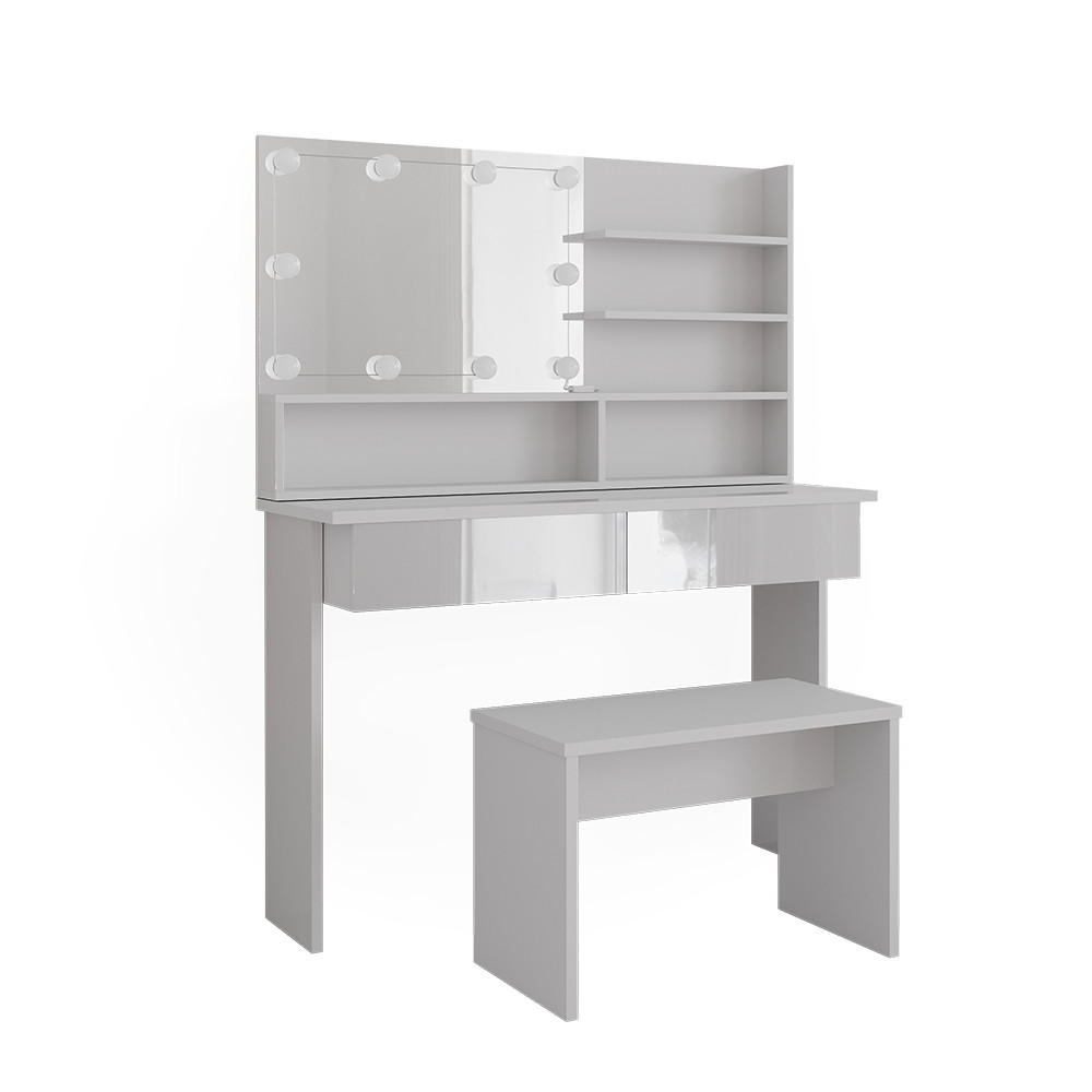 SCHMINKTISCH Azur Weiß 120 cm mit Spiegelregal, Bank & LED-Beleuchtung - Weiß Hochglanz/Weiß, Holzwerkstoff (120/83.5/40cm) - Vicco