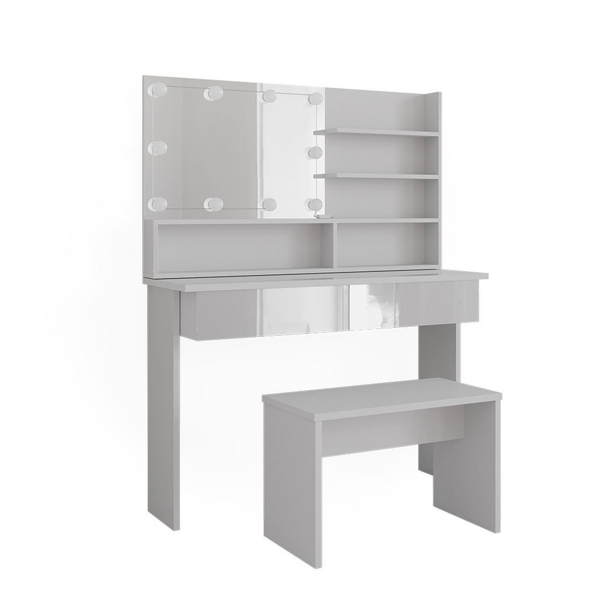 SCHMINKTISCH Azur Weiß 120 cm mit Spiegelregal, Bank & LED-Beleuchtung - Weiß Hochglanz/Weiß, Holzwerkstoff (120/83.5/40cm) - Vicco
