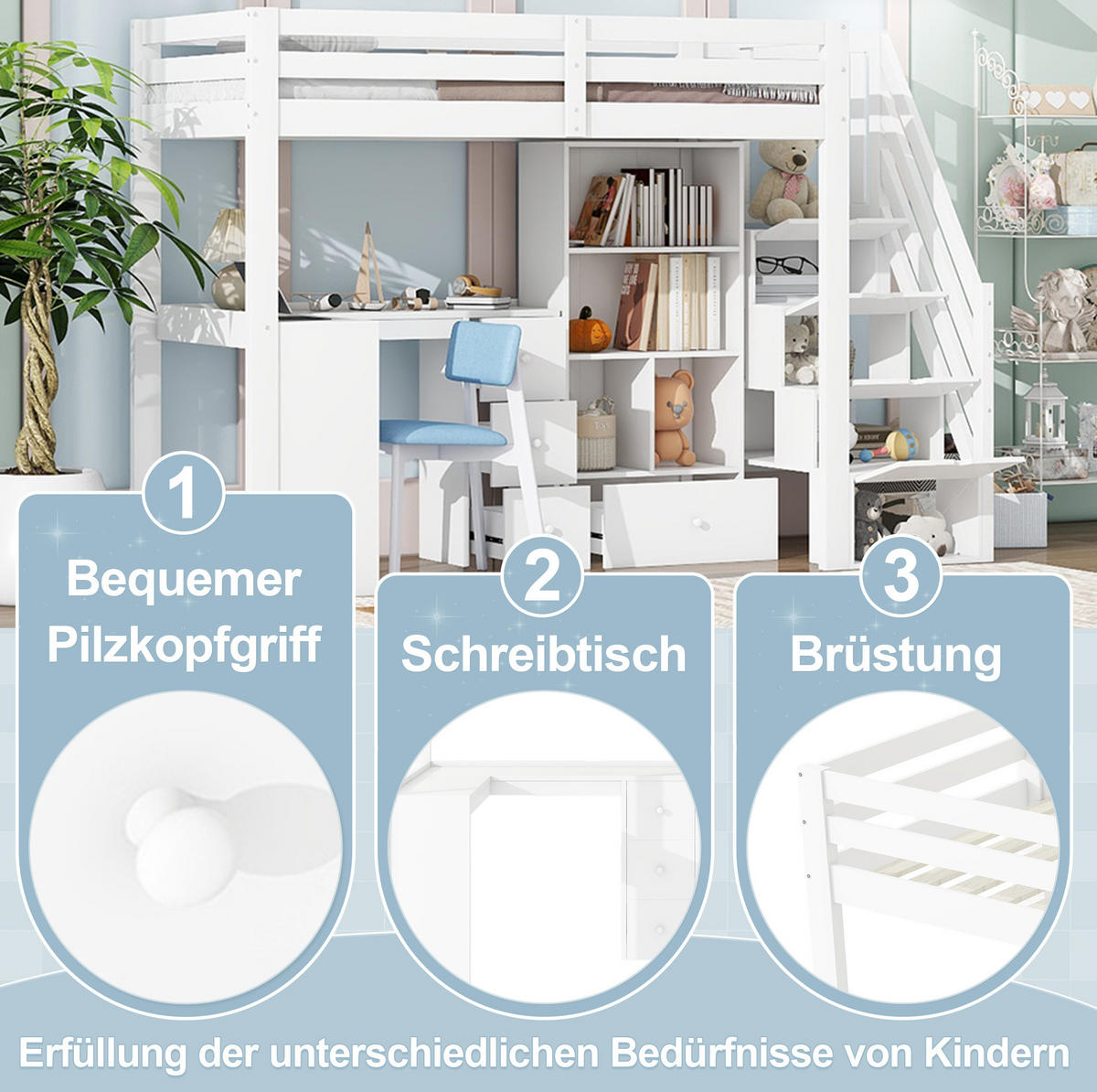 HOCHBETT 90/200 cm Weiß aus Kiefernholz und MDF mit Schreibtisch - Weiß, Holz (90/200cm) - OKMYHOME