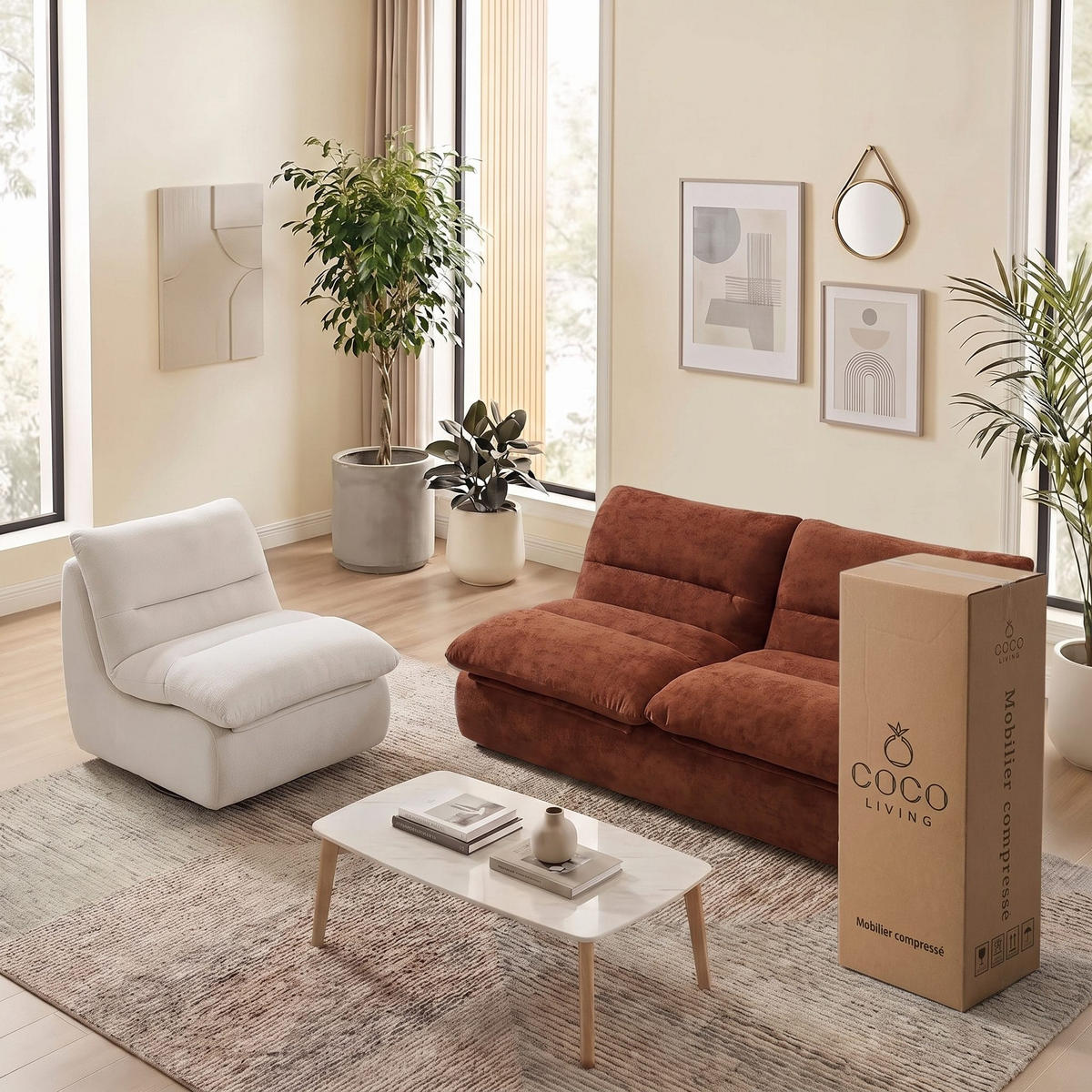 SITZGARNITUR Nuvia Sofa und Sessel Schokolade und Weiß - Braun/Weiß, Textil (160/73/100cm) - COCO Living