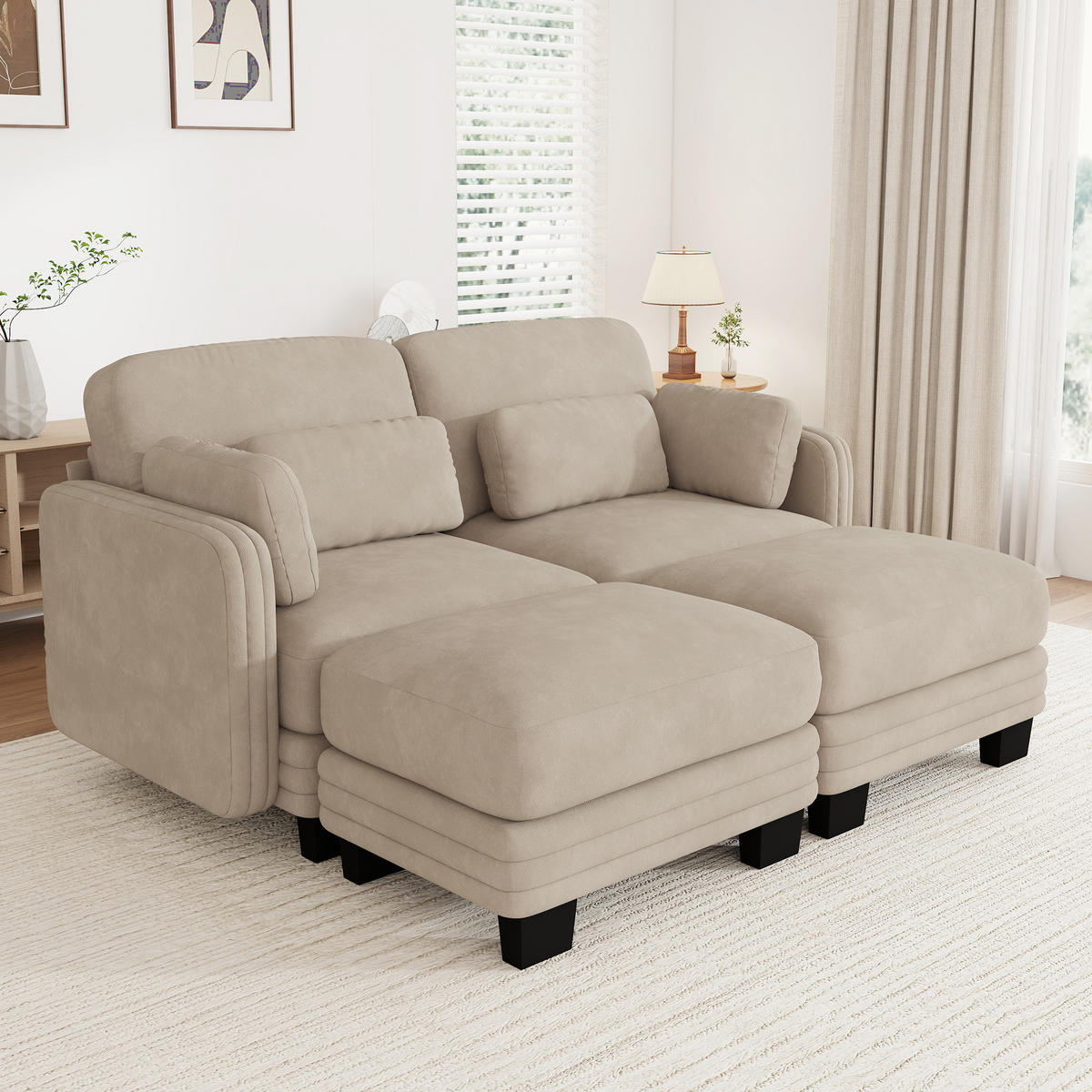 2-SITZER-SOFA mit 2 Ottomanen, DE-42686, Hellbraun - Hellbraun, Holz (176/88/143cm) - ComfortXL