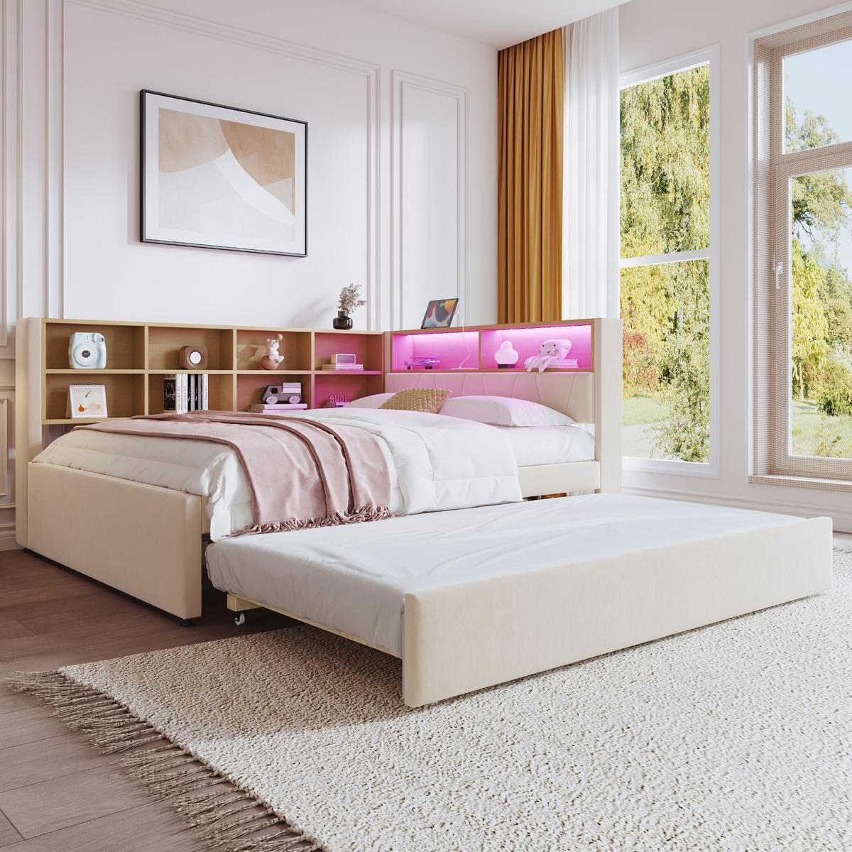 AUSZIEHBETT 140/200 cm DE-01984, in Beige, mit LED und Steckdosen - Beige, Metall (140/200cm) - ComfortXL