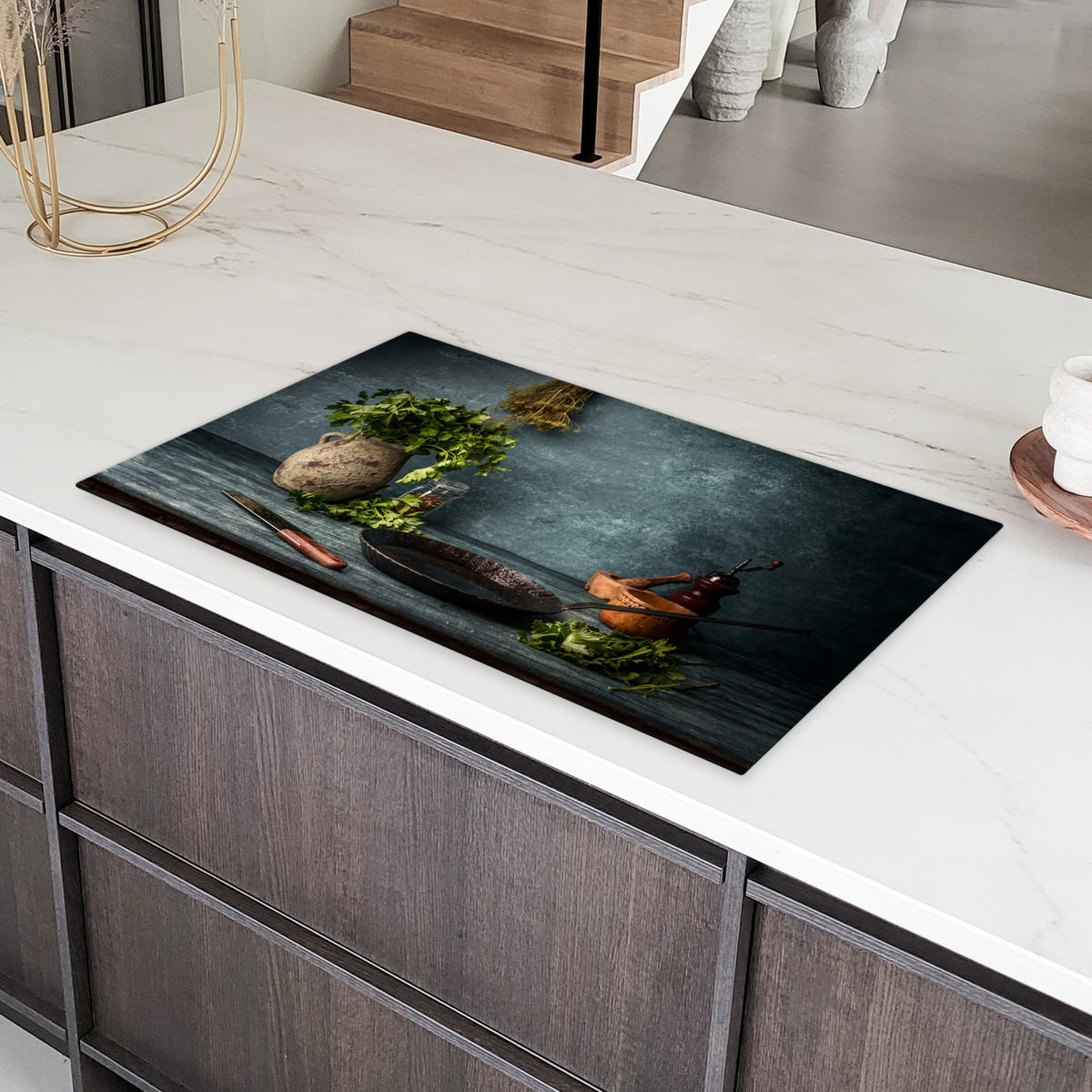 HERDABDECKPLATTE Kräuter - Gewürze - Pfanne - Messer - Grau - Rustikal 91x52 cm - Petrol, Kunststoff (91.2/52/0.2cm) - MuchoWow