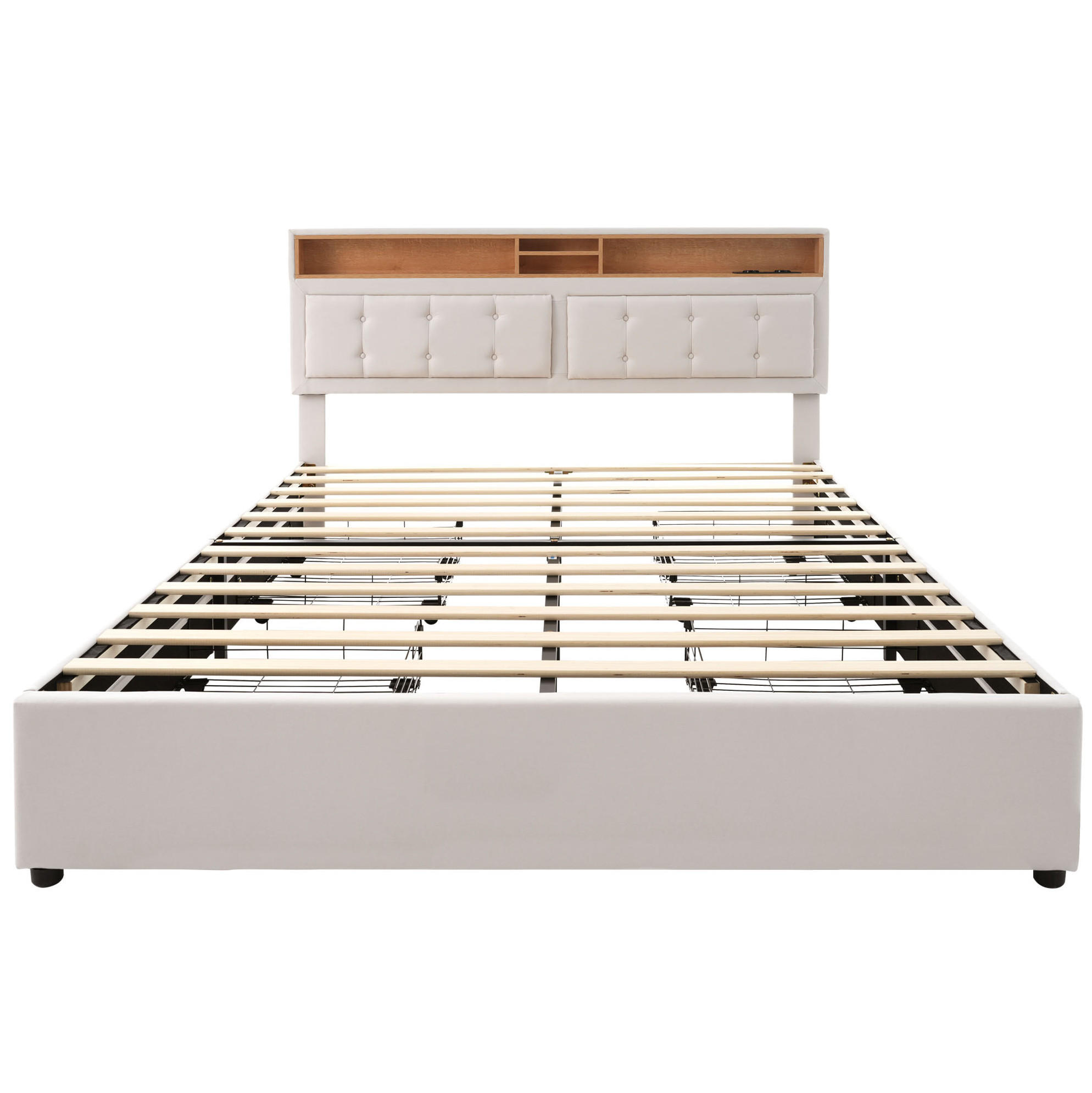POLSTERBETT mit 4 Schubladen 160x200 cm Leinen Beige mit USB-C - Beige, Metall (160/200cm) - Meubliv