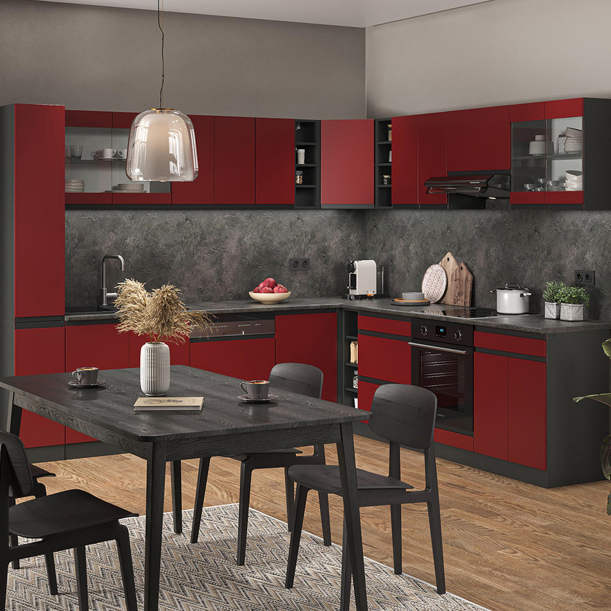 ECKKÜCHE R-Line Rot/Anthrazit 257 x 277 cm J-Shape, AP Eiche - Anthrazit/Rot, Holzwerkstoff (277/81.6/60cm) - Vicco