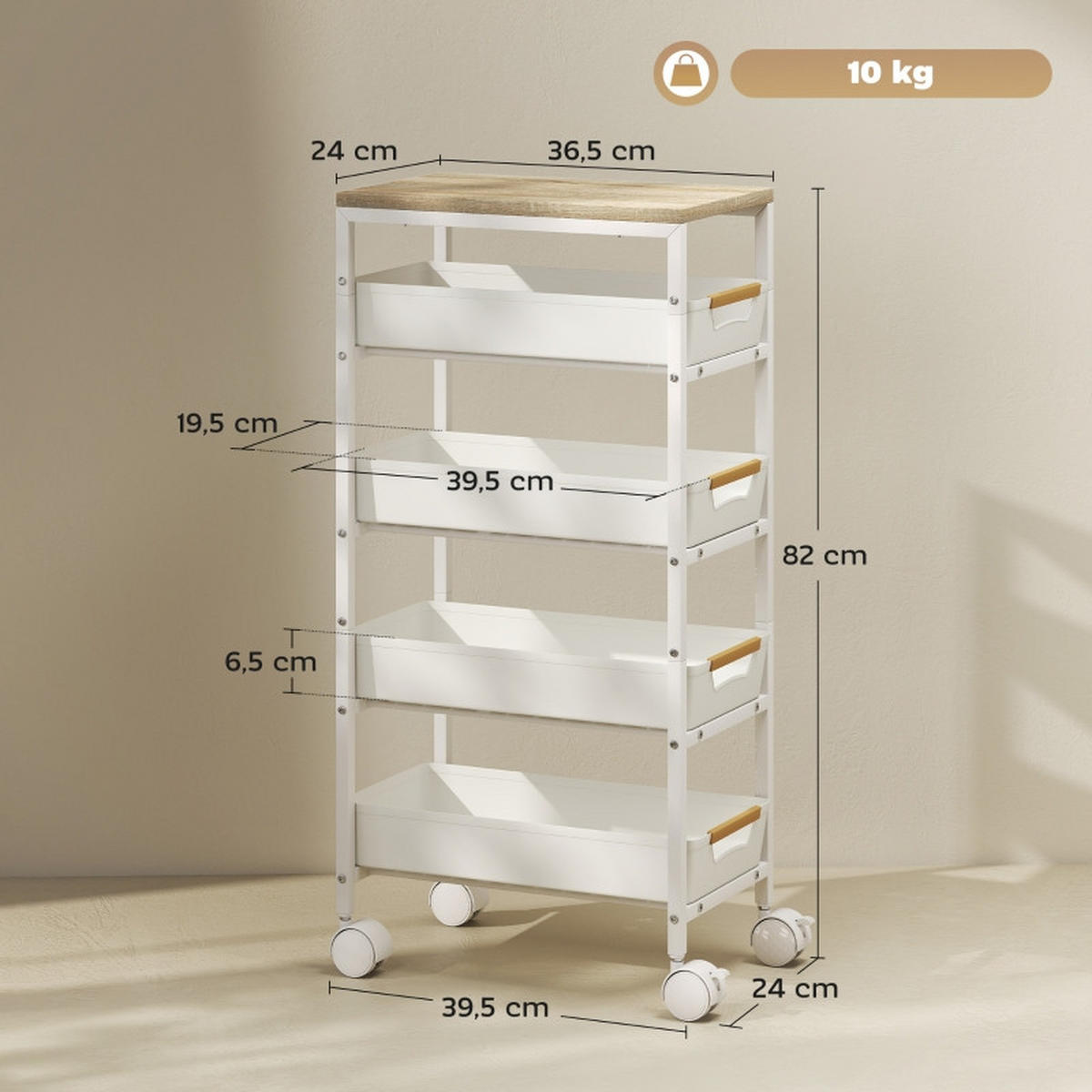 SERVIERWAGEN DE-41473 39,5/24/82 cm, 5-stufig, 4 Schubladen Weiß - Weiß, Metall (39.5/82/24cm) - ComfortXL