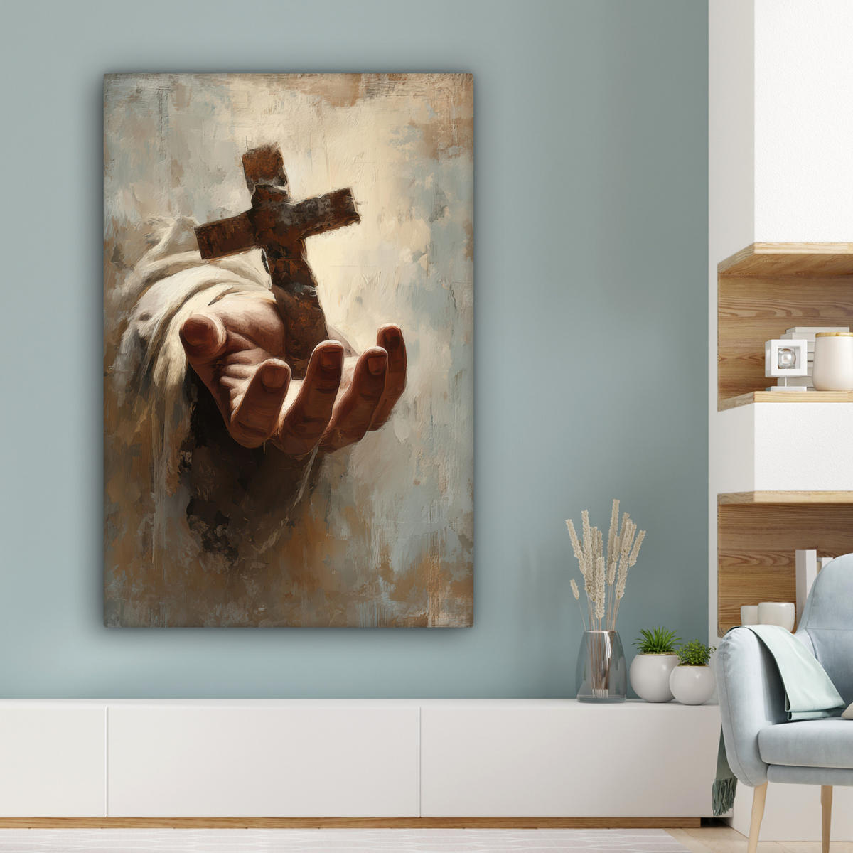 LEINWANDBILD Abstrakt - Kreuz - Hand - Christentum Deko Groß 90x140 cm - Hellbraun, Textil (90/140cm) - MuchoWow