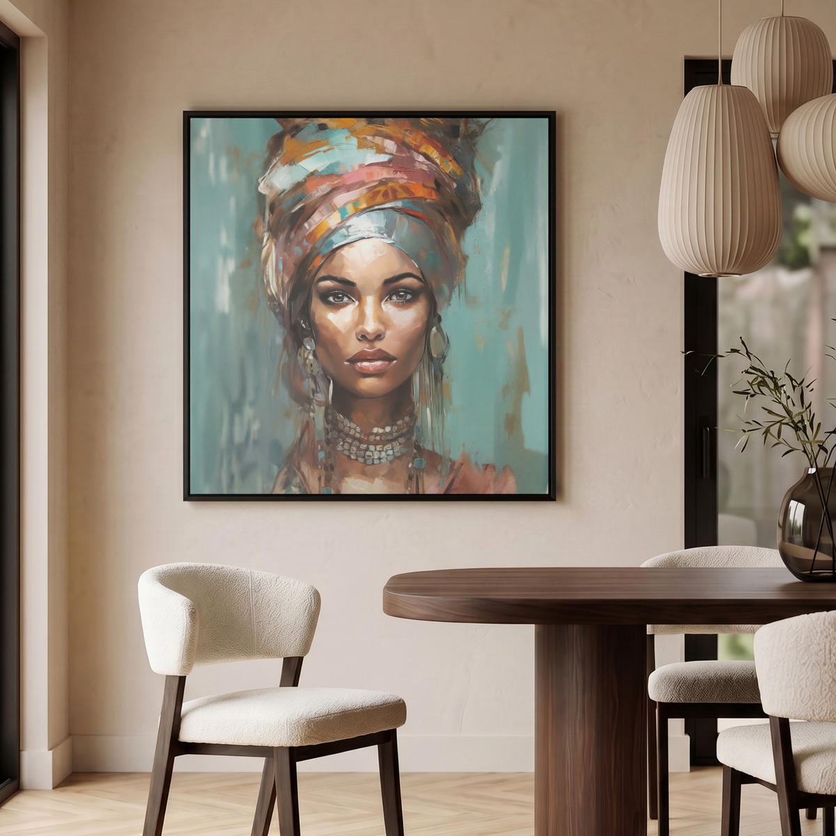 LEINWAND Bilder mit Rahmen - Frau - Kunst - Schmuck - Porträt - 90x90 - Blaugrau, Textil (90/90cm) - MuchoWow