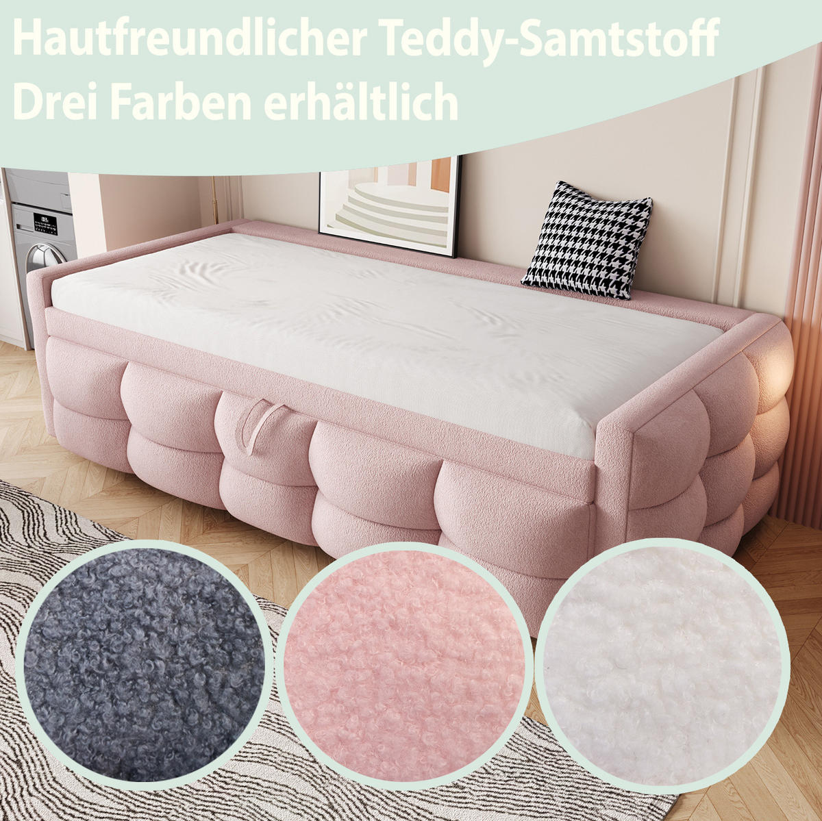 POLSTERBETT 90/180/190 cm Rosa aus Teddy mit Ausziehfunktion - Rosa, Textil (90/190cm) - OKMYHOME