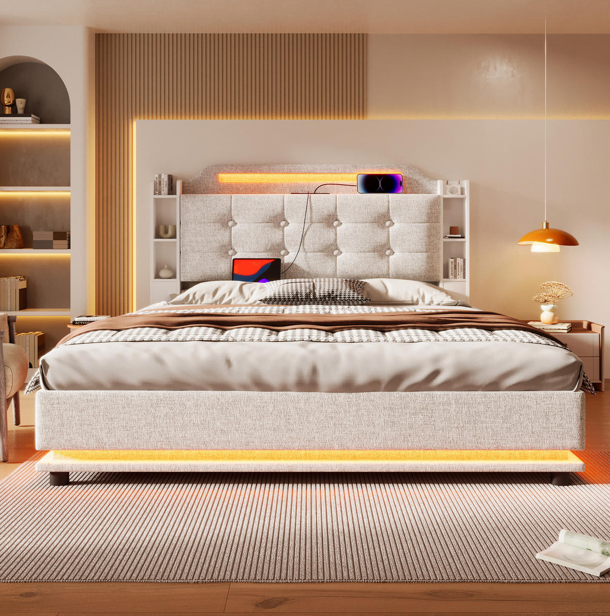 TAPECIRANI krevet 140/200 cm s LED osvjetljenjem, USB i Type-C priključcima te hidrauličnim spremištem, Bež - bež, tekstil (140/200cm) - Redom
